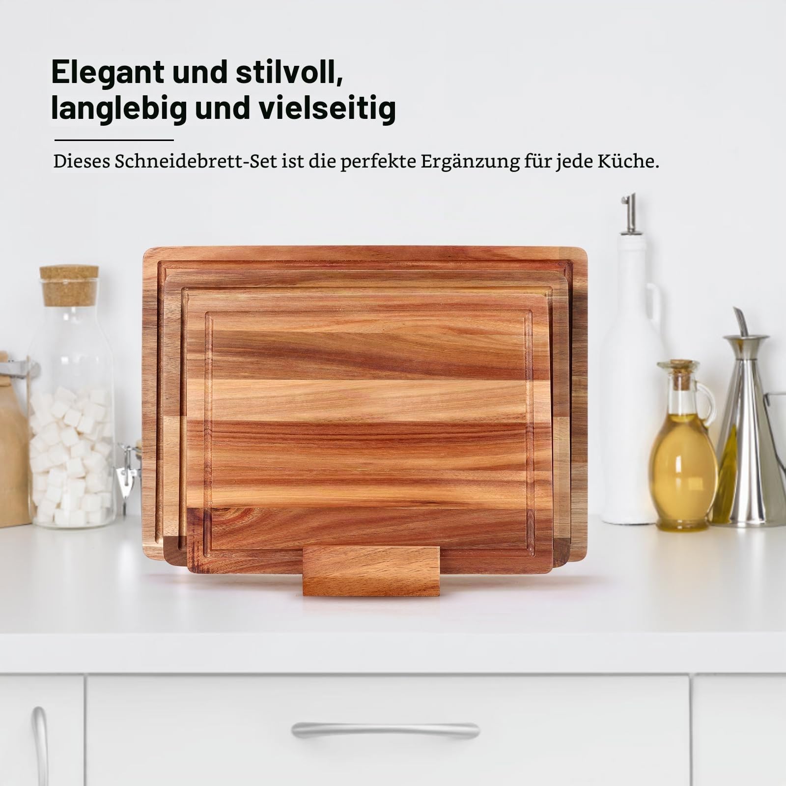 Extra großes Schneidebrett aus Akazienholz, 3er-Set, Schneidebrett aus Holz, mit Halter, Obstschneidebretter, Charcuteriebretter für Küche, Brot, Käse, Servierbrett, Fleisch, Schneidebrett