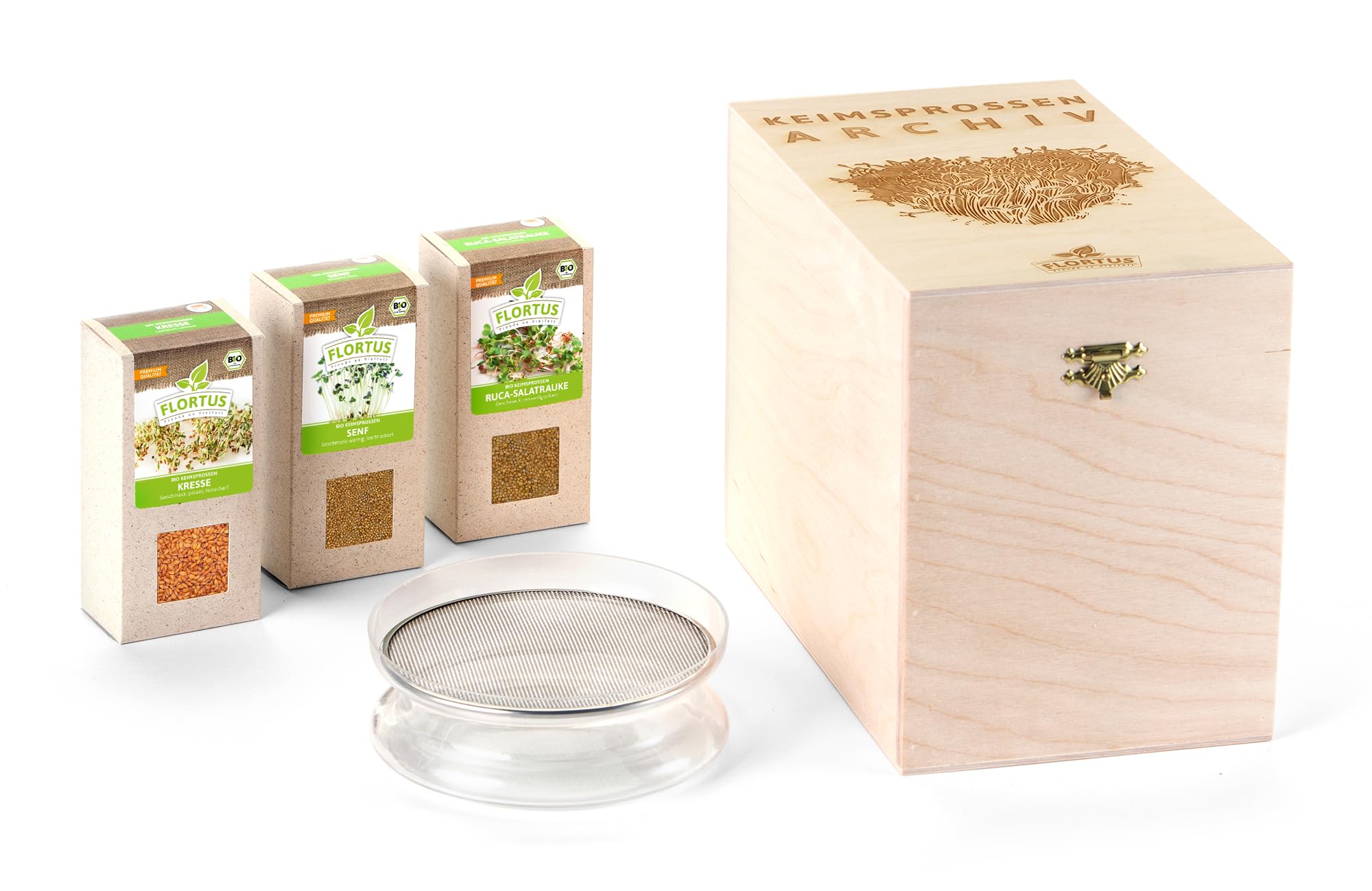 FLORTUS BIO Keimsprossen Archiv Geschenkbox Lieblingssprossen - inkl. 3 Sprossen Sorten & Keimschale aus Glas | Kresse, Senf & Rucola | Geschenkset mit Keimgerät, Microgreens & Sprossen Samen