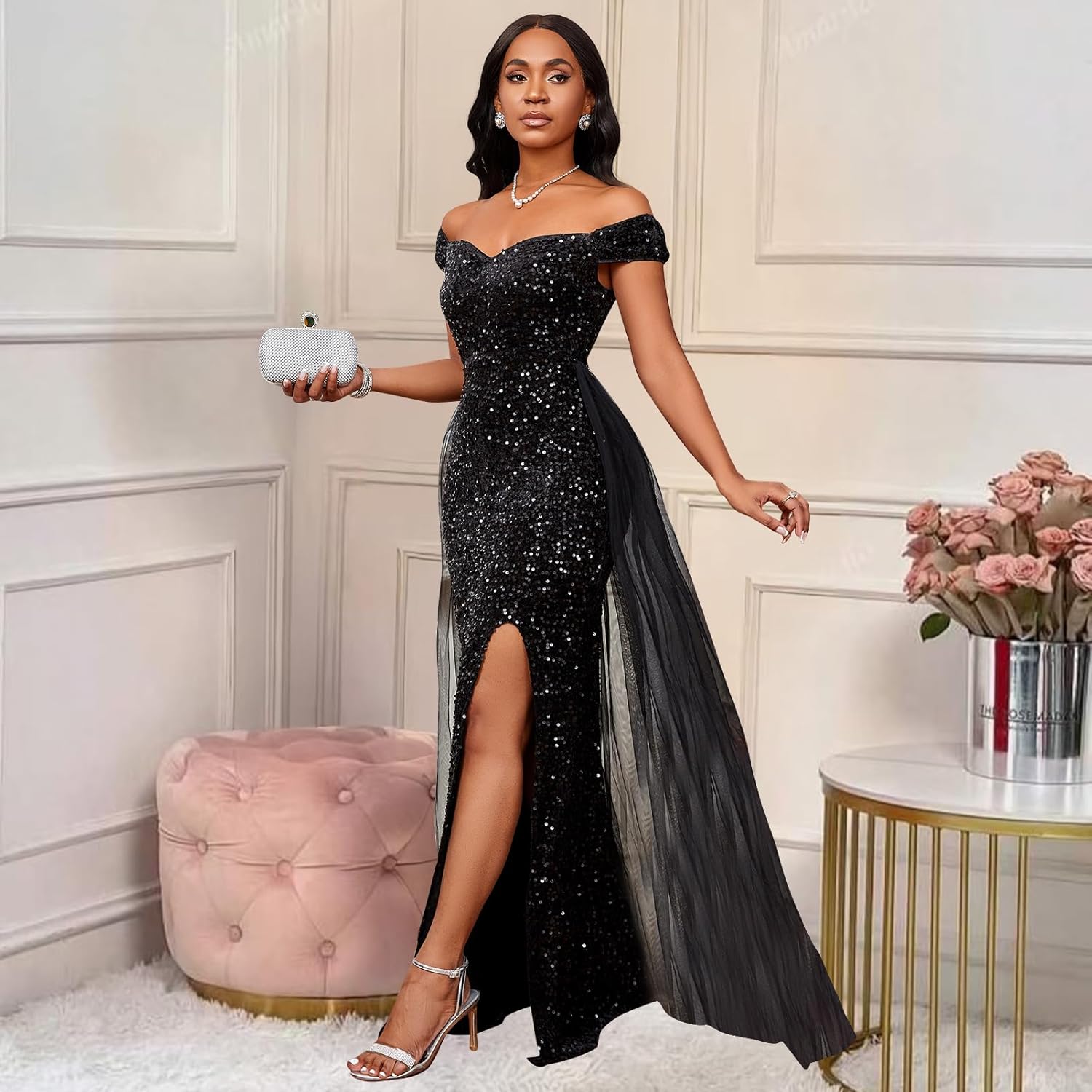 Cololura レディース セクシー エレガント スパンコール ハイスプリット オフショルダー マーメイド パーティー ボディコン