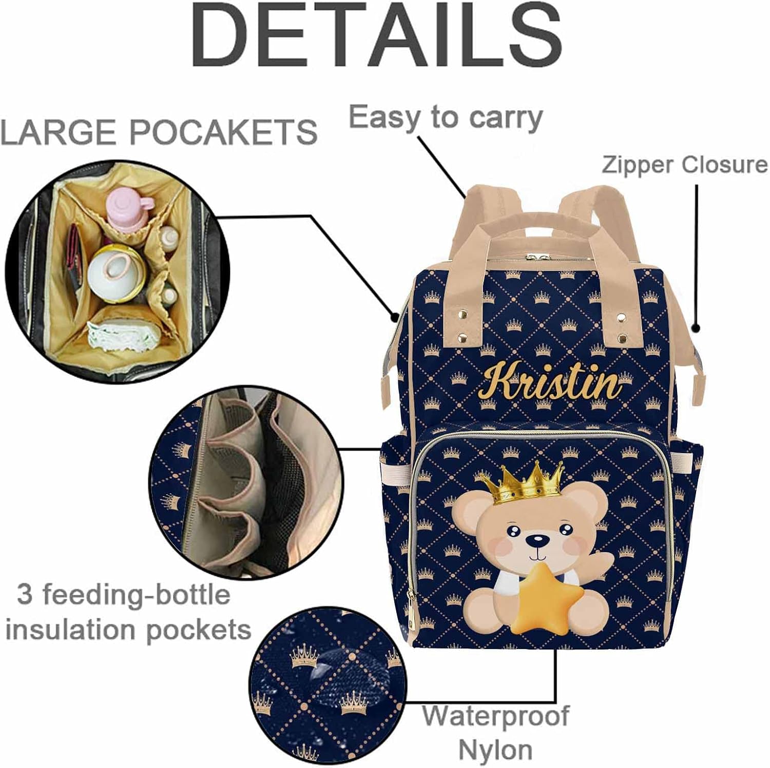 MyPupSocks Personalized Bear Prince Diaper Bag Backpack with Name, Custom Name Mommy Nappy Bags, Gift for New Mom Baby Girl Boy Newborn
