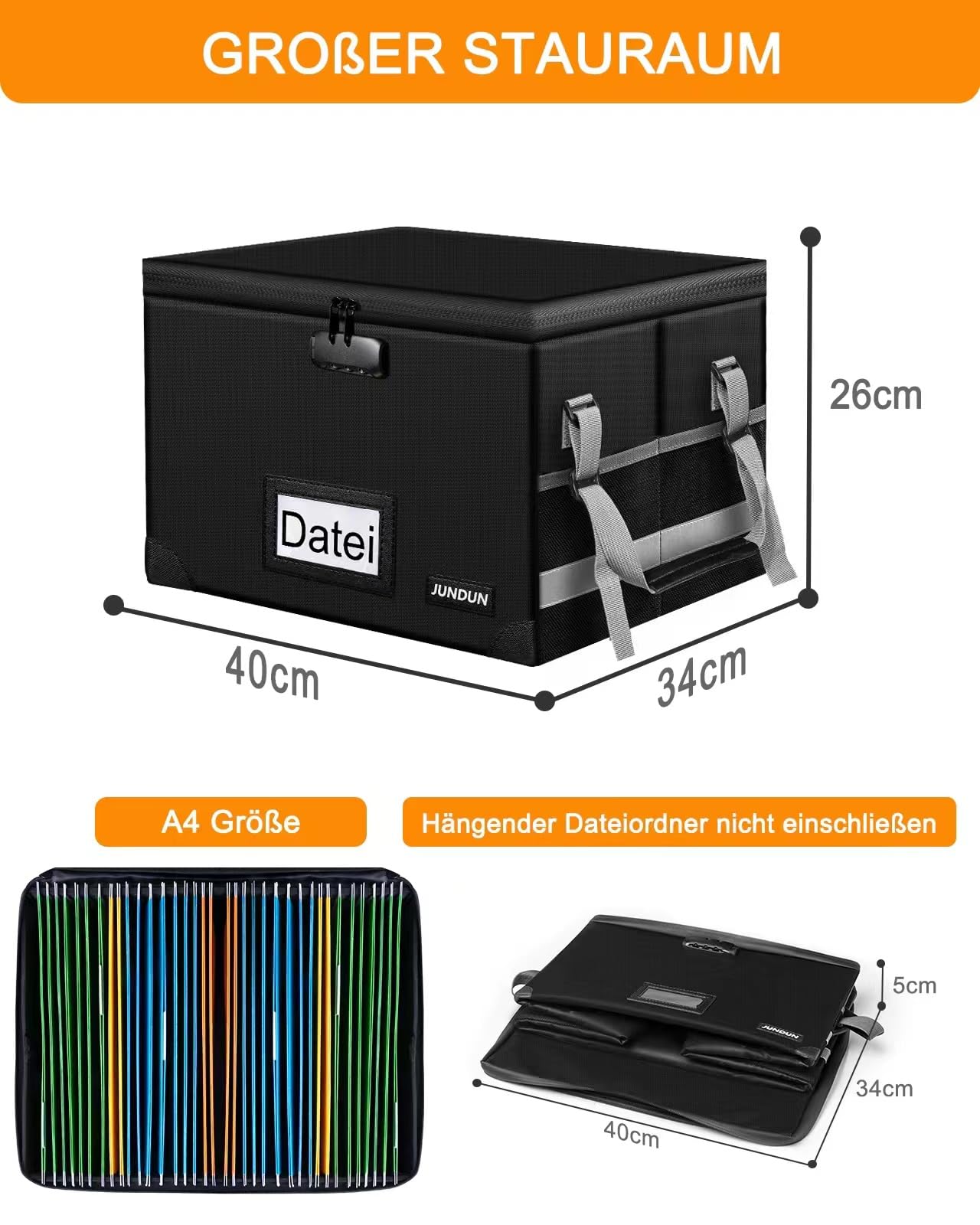 JUNDUN Akten Organizer Box mit Schloss, Zusammenklappbare Feuerfeste Dokumentenbox mit Wasserabweisendem Reißverschluss und Deckel, Tragbare Dekorative Hängeregistraturbox für Zuhause/Büro