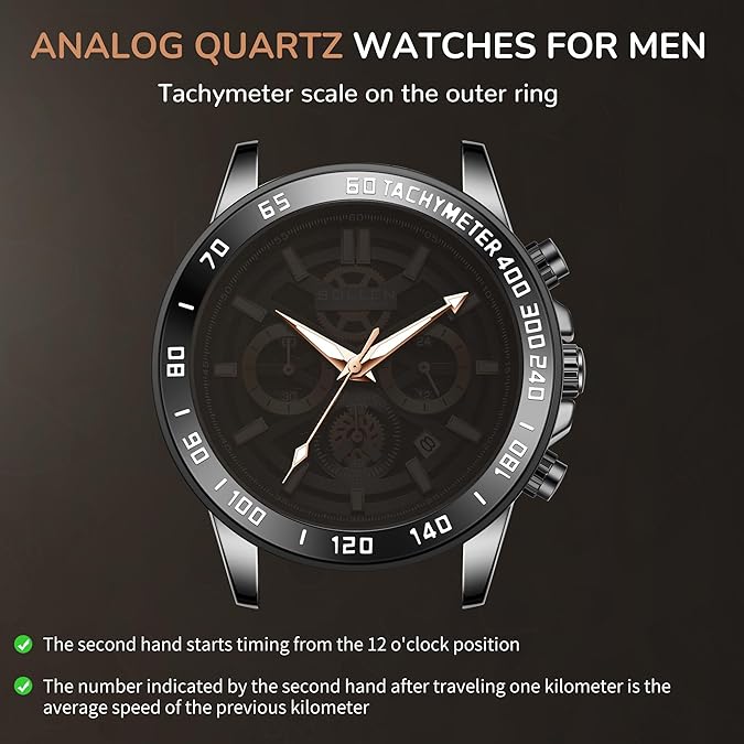 Black Chronograph Watches for Men, Analog Quartz Mens Watches, Fashion Sport Wrist Watches with Calendar, 30M Waterproof Luxury Casual Dress Work Watch, Luminous Skeleton Watches Gifts for Men