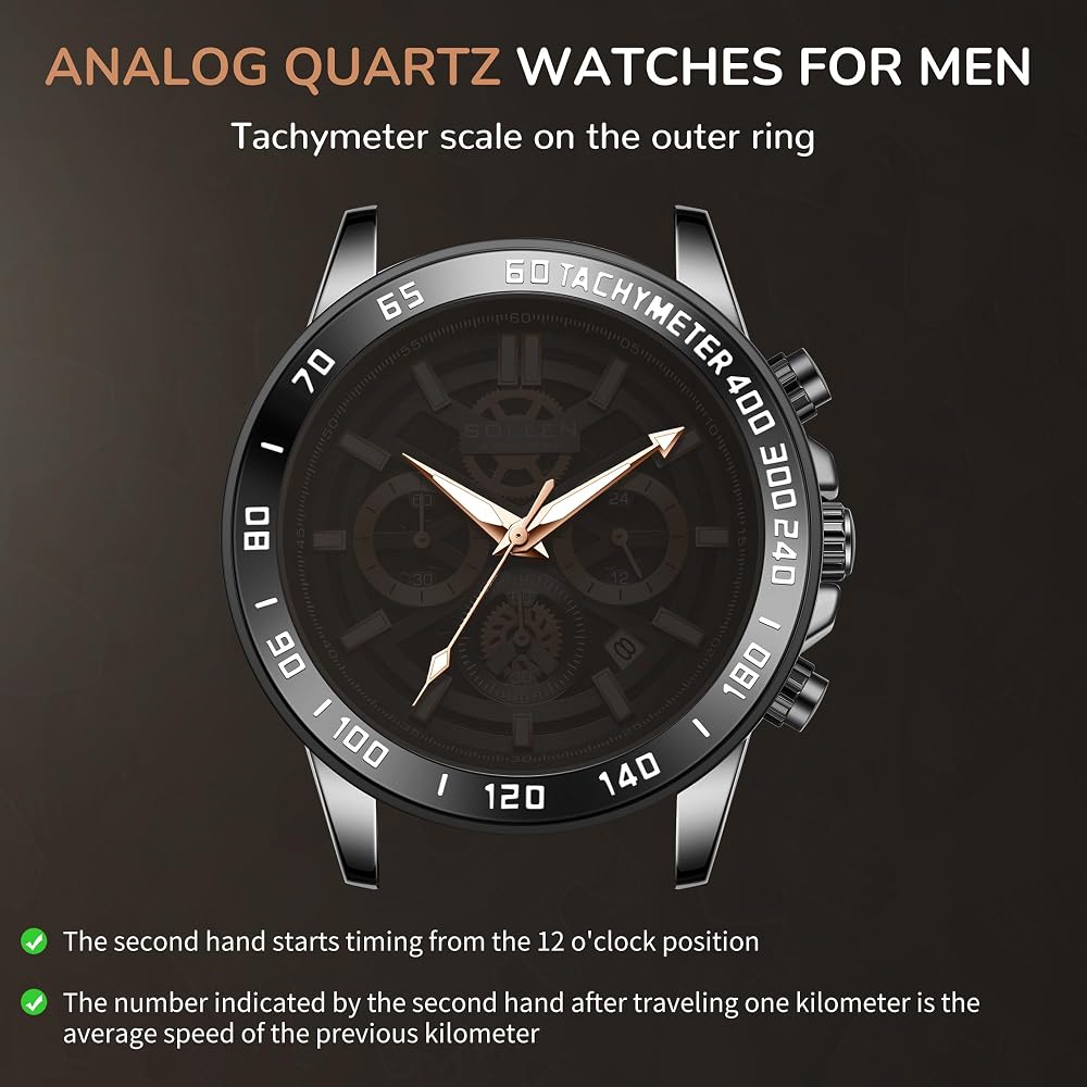 Amazon.com: SOLLEN Black Chronograph Watches for Men, Analog