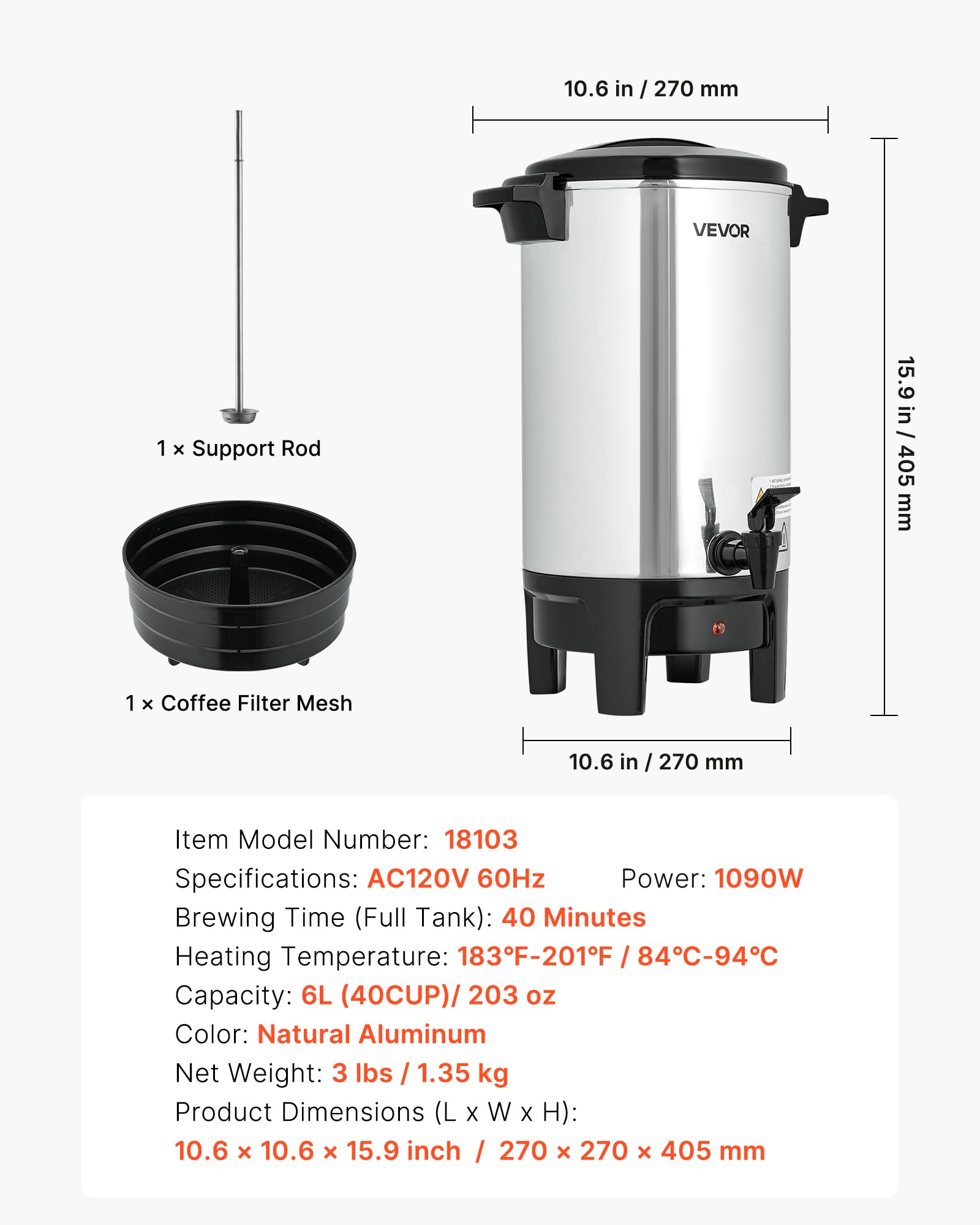 VEVOR Cafetera de 40 Tazas y 6 L, Dispensador de Bebidas Calientes con Grifo Antigoteo, con Control Automático de Temperatura, Ideal para Catering, Fiestas, Iglesias, Restaurantes y Cafeterías