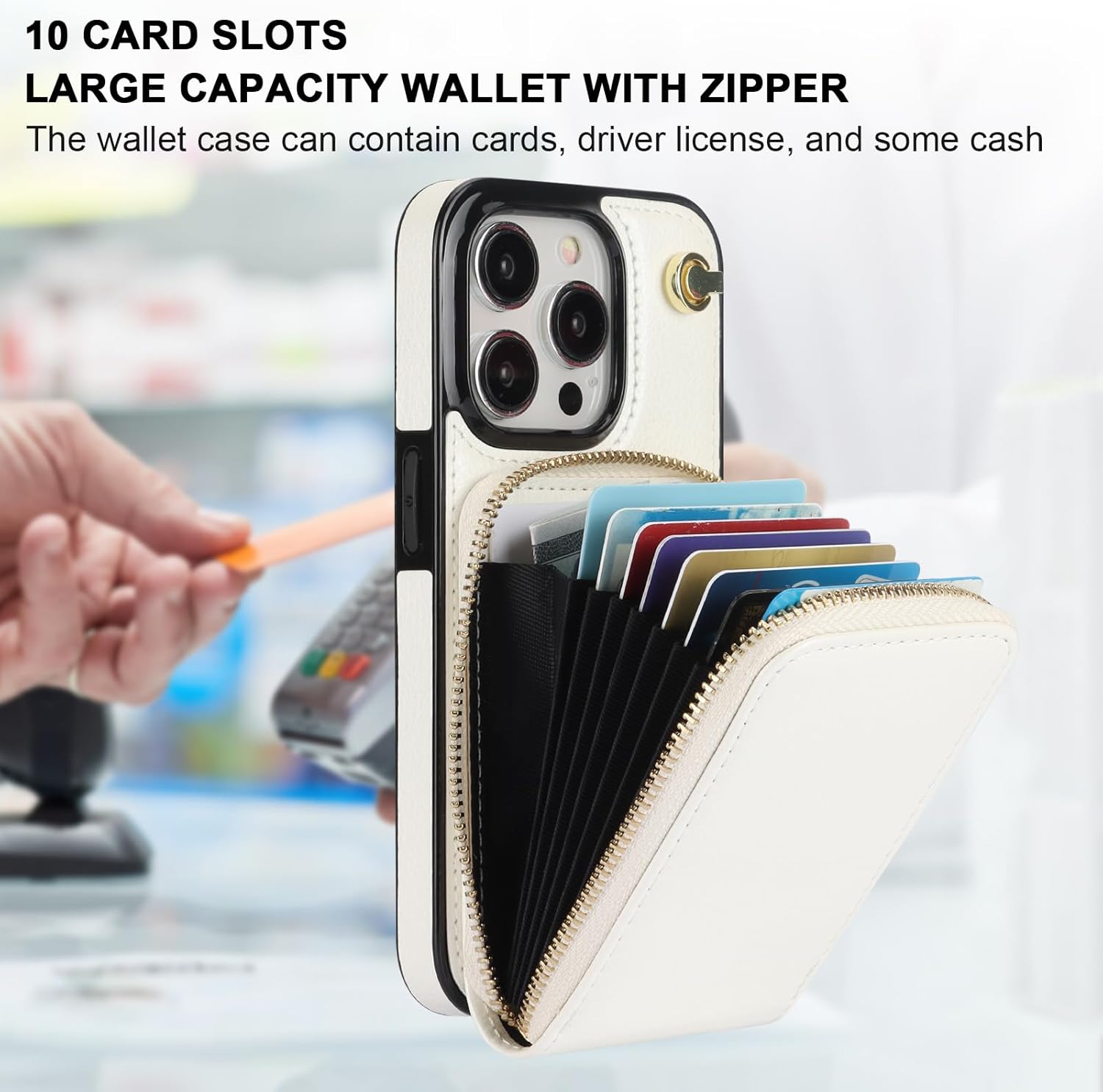 KIHUWEY Crossbody Wallet Case for iPhone 15 Pro, Zipper Pocket Case with Card Holder, PU Leather RFID Blocking Protective Cover Case with Kickstand Detachable Wrist Strap Lanyard 6.1" (White)