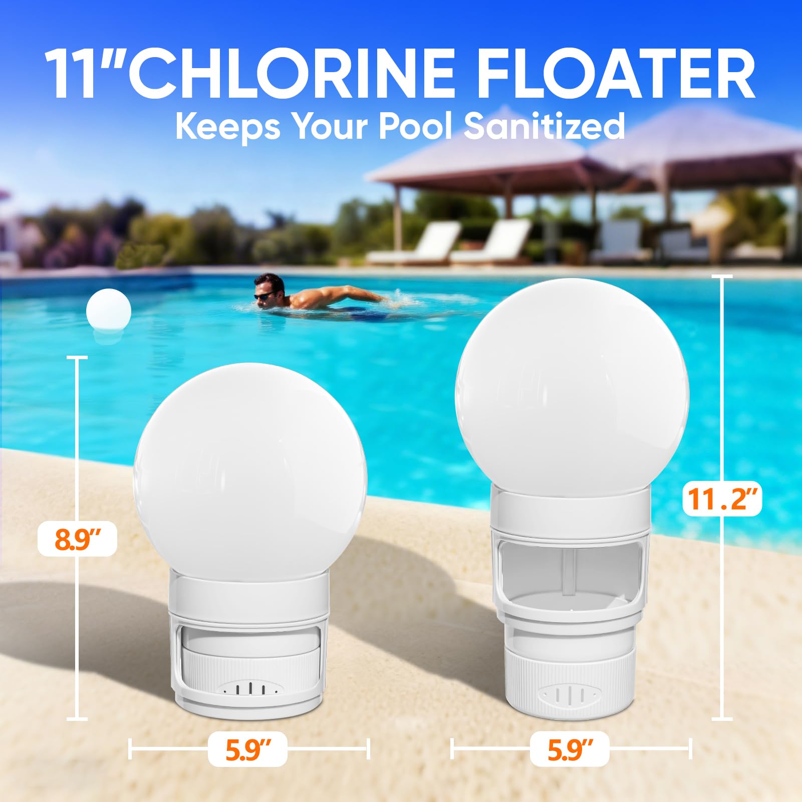 Flotador solar de cloro para piscina, flotador de cloro con luz, flotador de tabletas de cloro que brilla en la oscuridad, blanco llama, 11 pulgadas