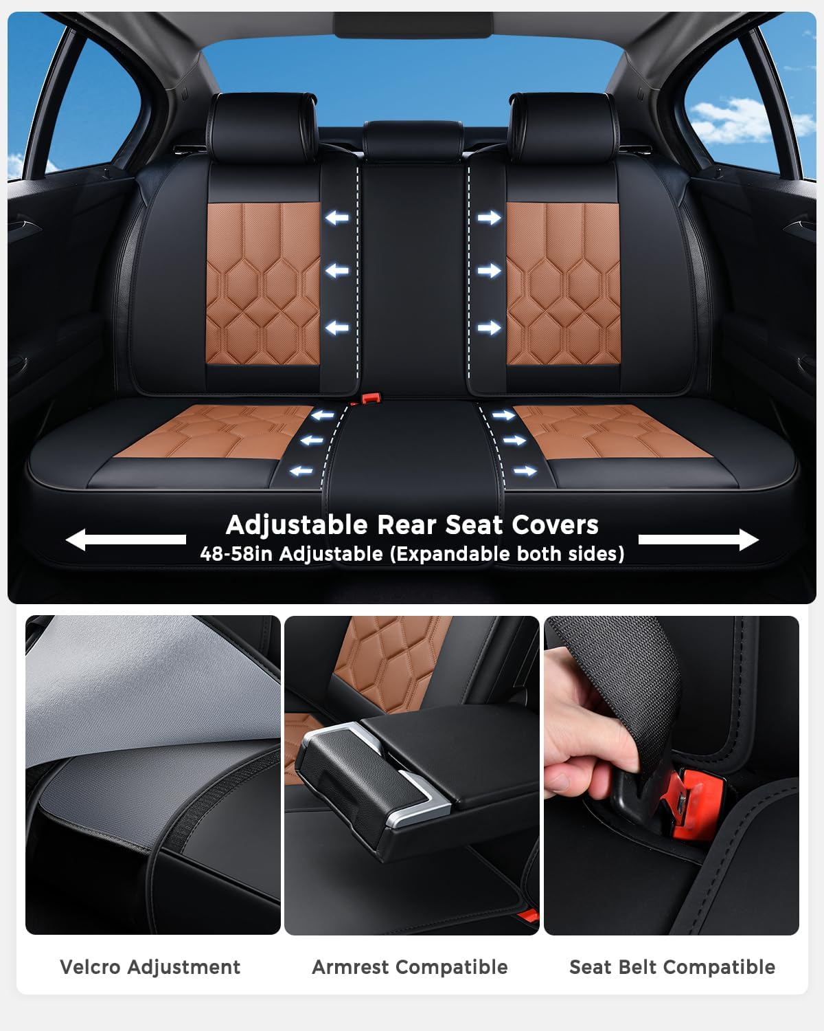 Huidasource Seat Covers Full Set, Universal Fit for Most Cars SUV Trucks, Full Coverage Leather Seat Cover, Airbag, Cupholder Compatible, Seat Function Retain, Easy Install with Velcro, Black & Brown