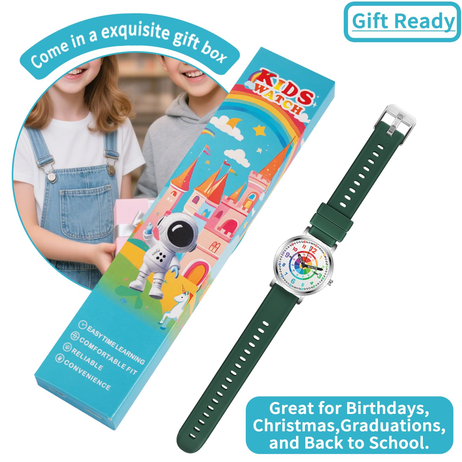 Relojes para niños, reloj de aprendizaje para niños, diana para niños pequeños, tiempo de aprendizaje y hora fácil de leer, reloj analógico para niños y niñas de 3 a 11 años, color verde