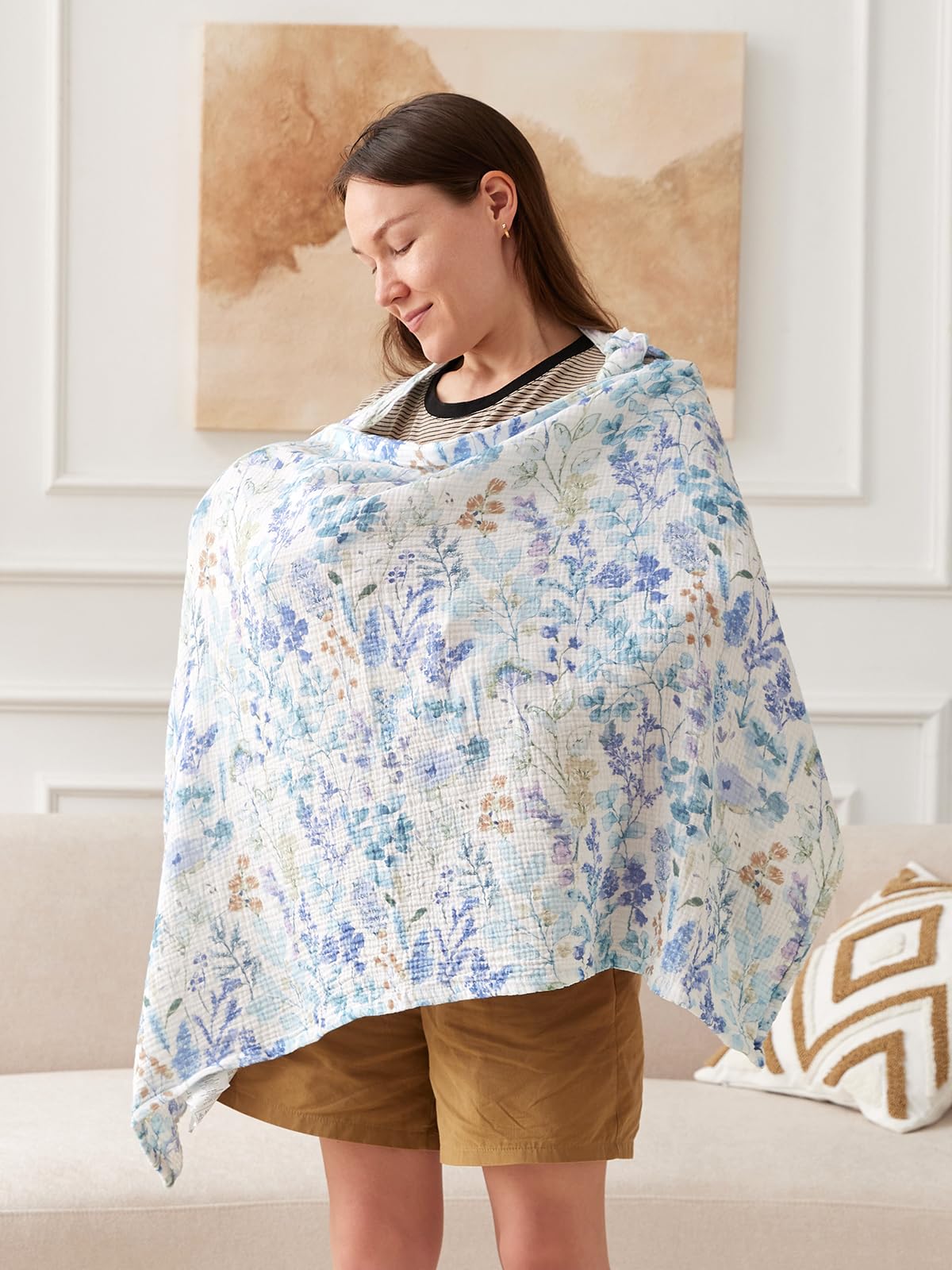 TILLYOU Toalla de lactancia para viajes, 70 x 100 cm, muselina, delantal de lactancia, 100% algodón, cubierta para enfermería, diseño de flores azules