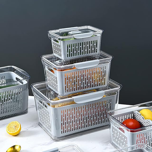 Jucoan 3 Pack Fresh Container, Produce Saver Container for Refrigerator, Vegetable Fruit Storage Container, Fridge Storage Organizer Bins with Divider, Fridge Container Box, GreyNot Dishwasher Safe
