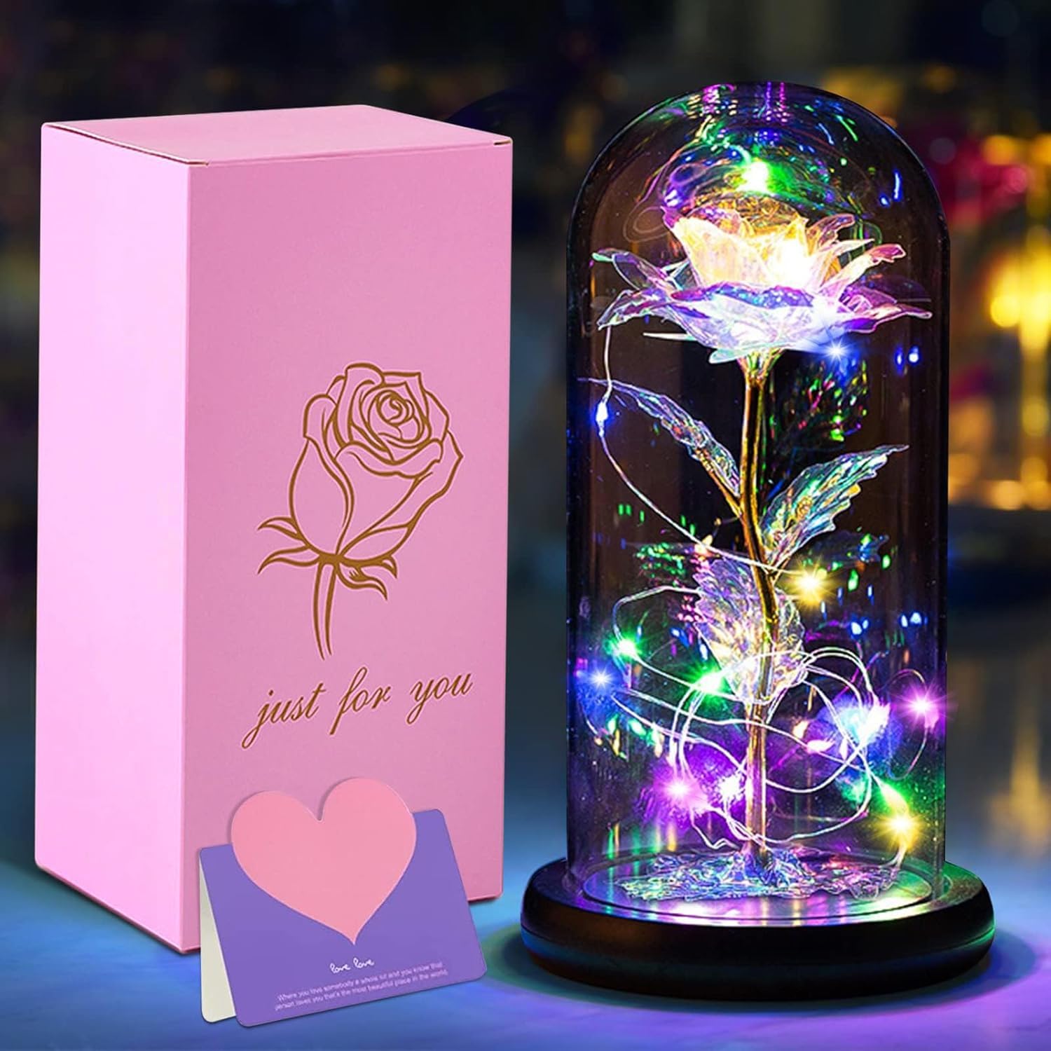 BHAKTVATSAL Plastic Preserved Flowers, Rose Gift Artificial Flower Light Up Rose, Rose in Glass Dome, Personalized Gifts for Mom, Sisters, Friend, Women (Leaf Rose)-picture-24