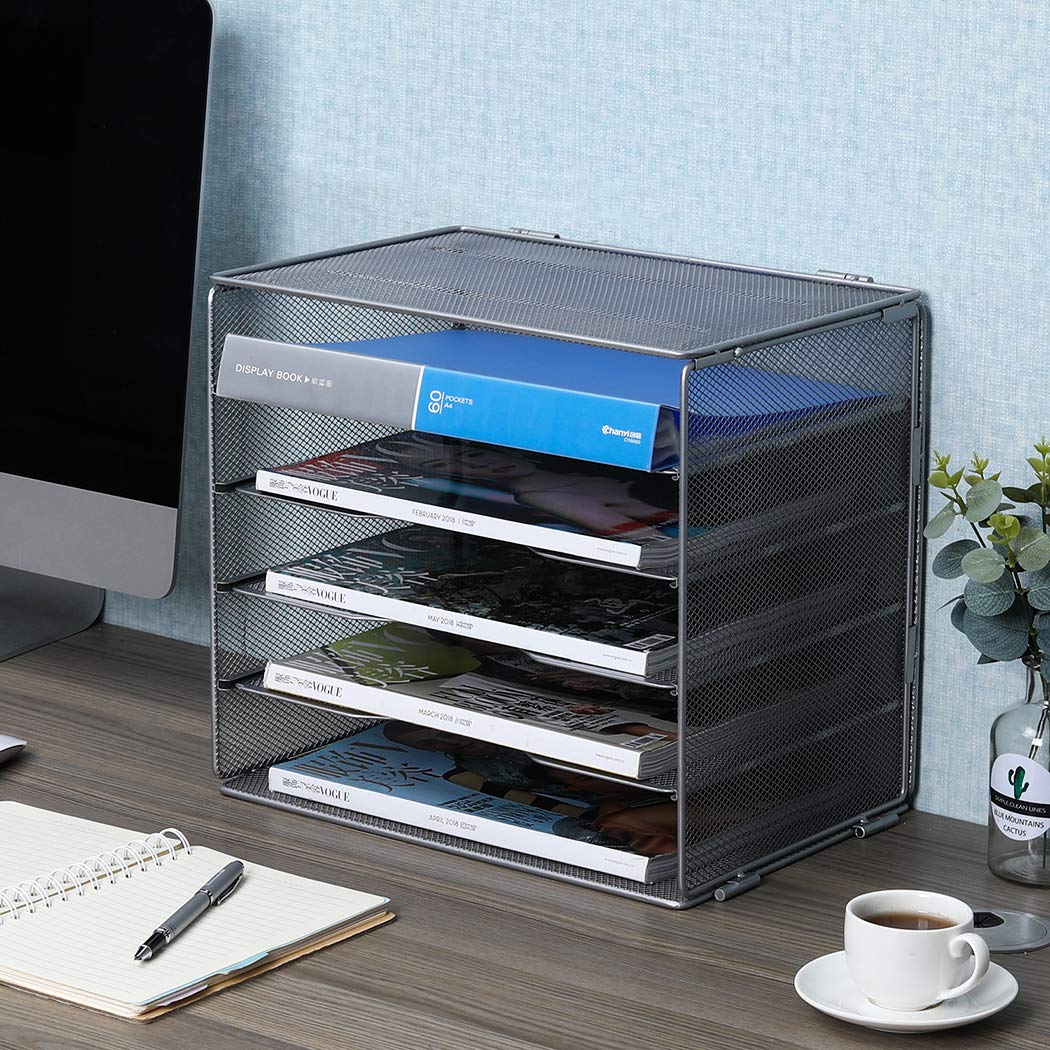 EasyPAG 5 Fächer A4 Metall Büro Schreibtisch Organizer Dokumentenhalter Aktenablage Zeitschriftenhalter Briefablage Papier Magazin Organisator,Silberfarben