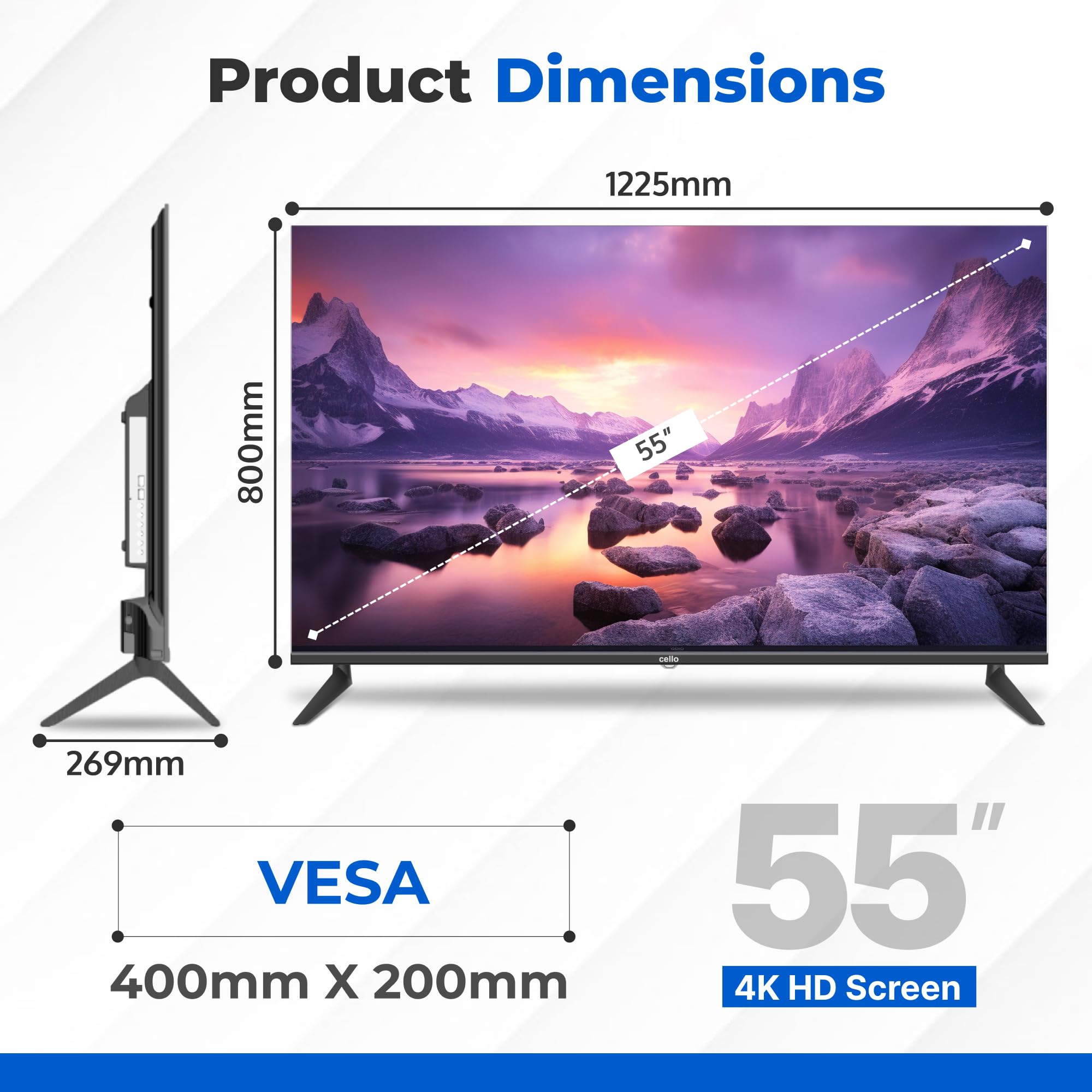 Cello 55″ 4K Ultra HD Frameless Smart Ultrafast WebOS TV, 3 Years Warranty, Freeview Play & FreeSat, Bluetooth, Netflix, Apple TV+, BBC iPlayer Frameless Bezel Made in the UK