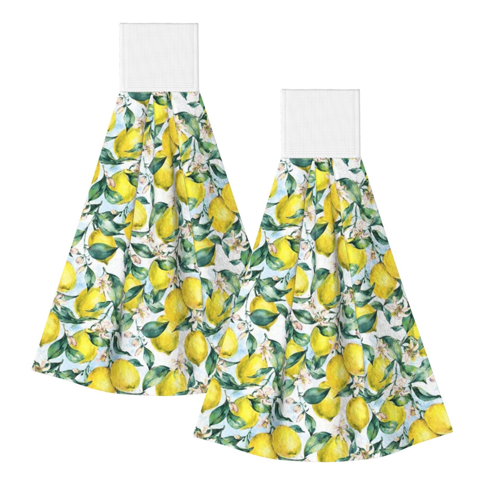 DOPKLNA Vintage Yellow Fruit Lemon, 2 Pcs Hanging Coral Fiber Hand Towels for Bathroom, Absorbent Kitchen Towels