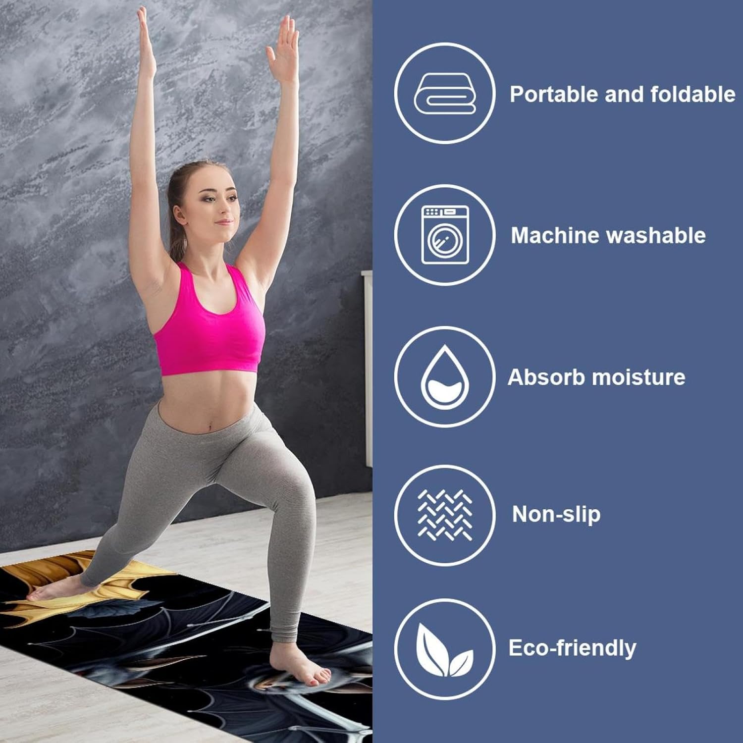 Yoga Towel, Bat Pattern Non Slip Sweat Absorbent Hot Yoga Mat Towel for Hot Yoga, Pilates and Fitness - 72.8" x 26.8"