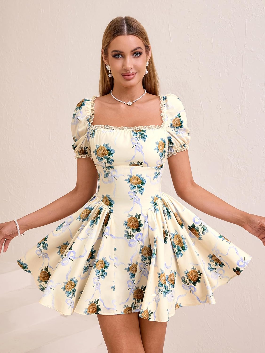 Parthea Women's Floral Square Neck Mini Dress Lace Puff Sleeve Off Shoulder Smocked Flowy A Line Summer Dresses for 2025 - Image 5