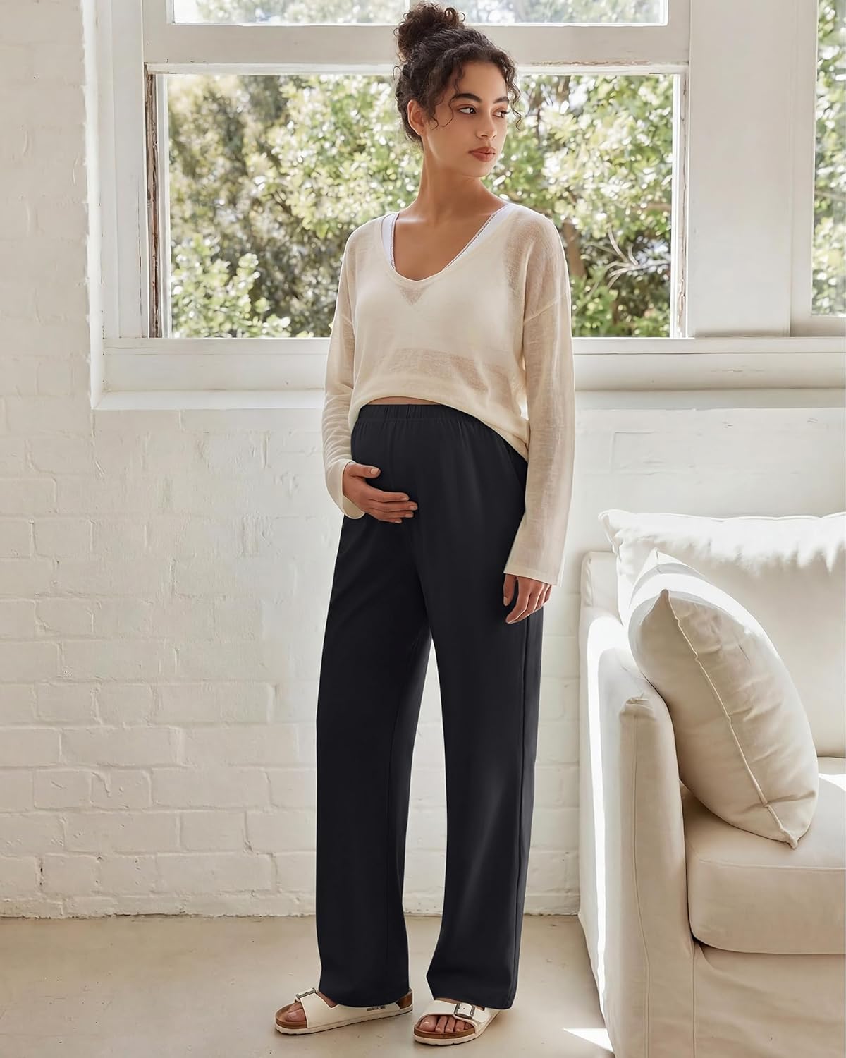 G4Free Chillwhisp Maternity Pants Lightweight with Adjustable Waisted Summer Pregnancy Wide Leg Trousers