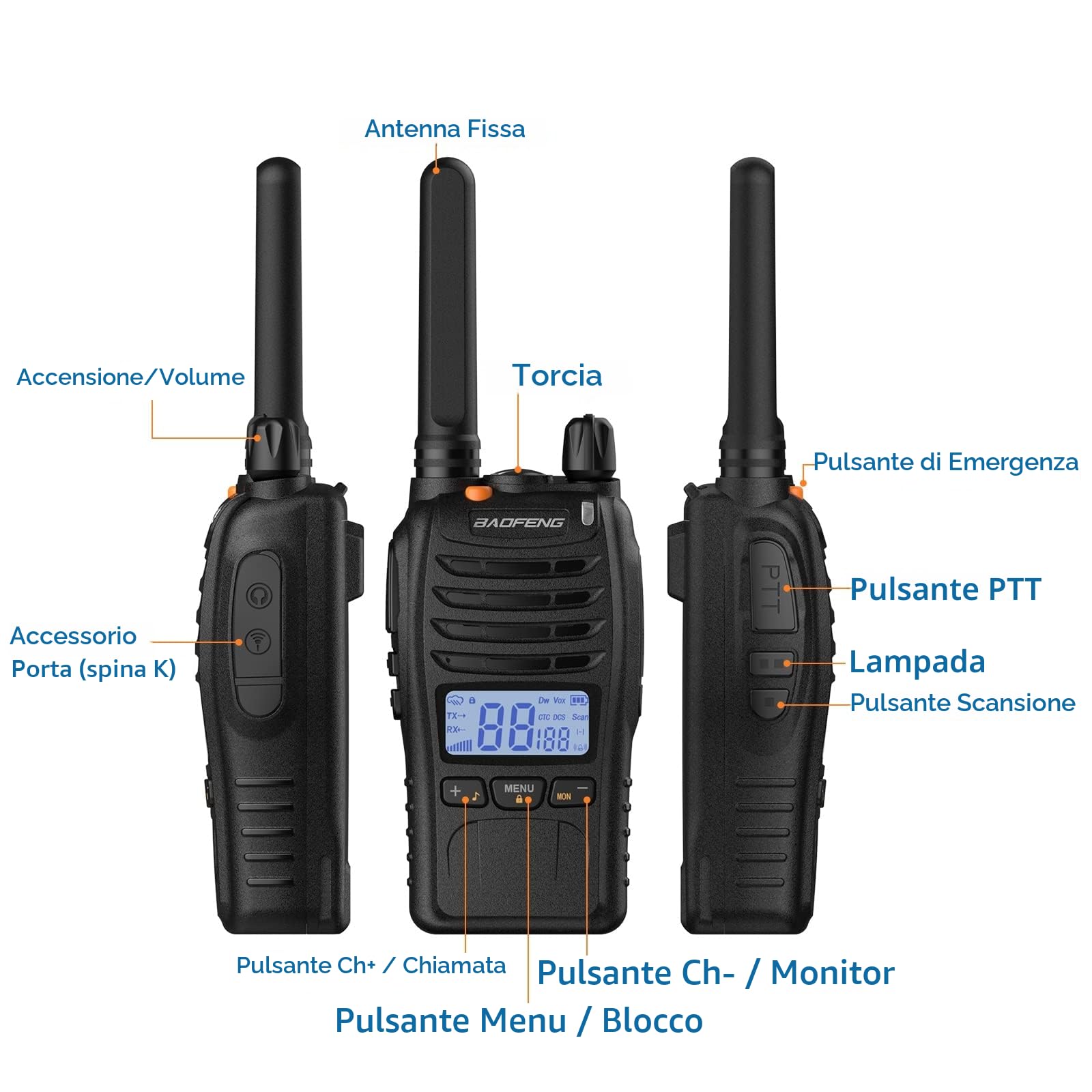 BAOFENG BF-88ST Pro PMR446 Walkie Talkie, Radio Bidirezionali Ricaricabili Senza Licenza a Lungo Raggio Aggiornate con Display LCD, Doppio Orologio VOX, Auricolari, Confezione da 2