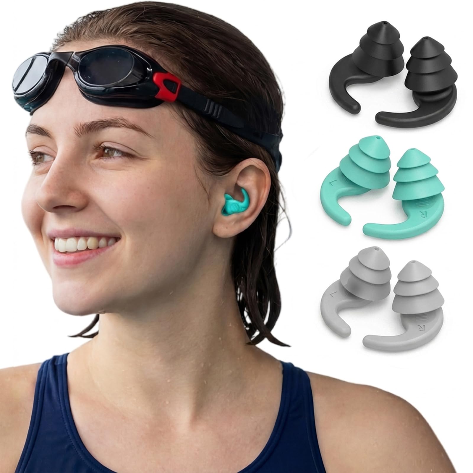 3 Pairs Waterproof Swimming Ear Plugs for Adults Reusable Soft Silicone Swim Earplugs Perfect for Surfing, Diving,Pool,Showering Prevent Ear Infections