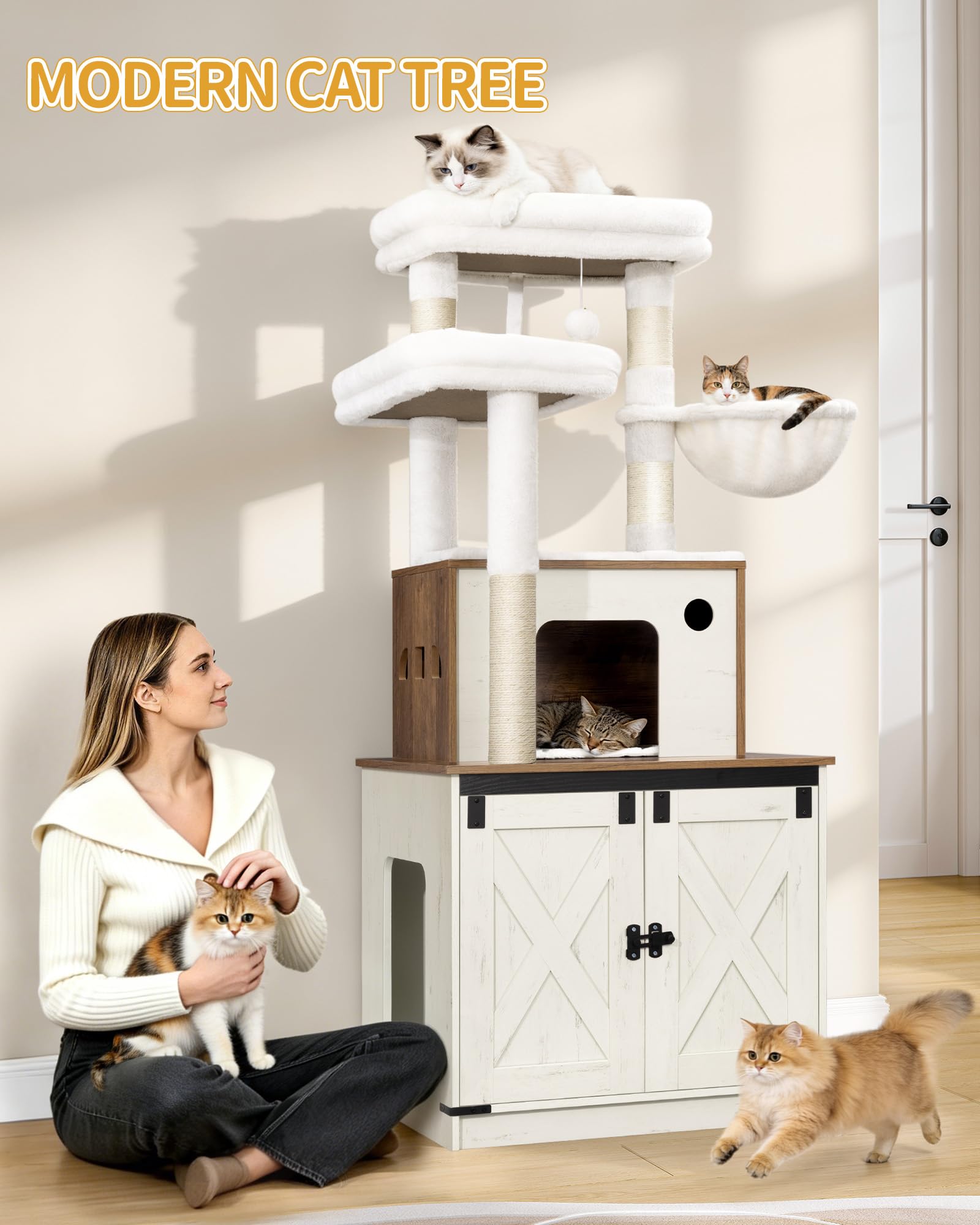 Hzuaneri Katzenbaum mit Katzenschrank, 145 cm Hoch, Braun-Weiß | Kratzbaum, Zwei Große Plattformen, Sisalsäule, Katzenkorb, Katzenhaus, Waschbares Kissen, Plüschbälle, CB89214WT