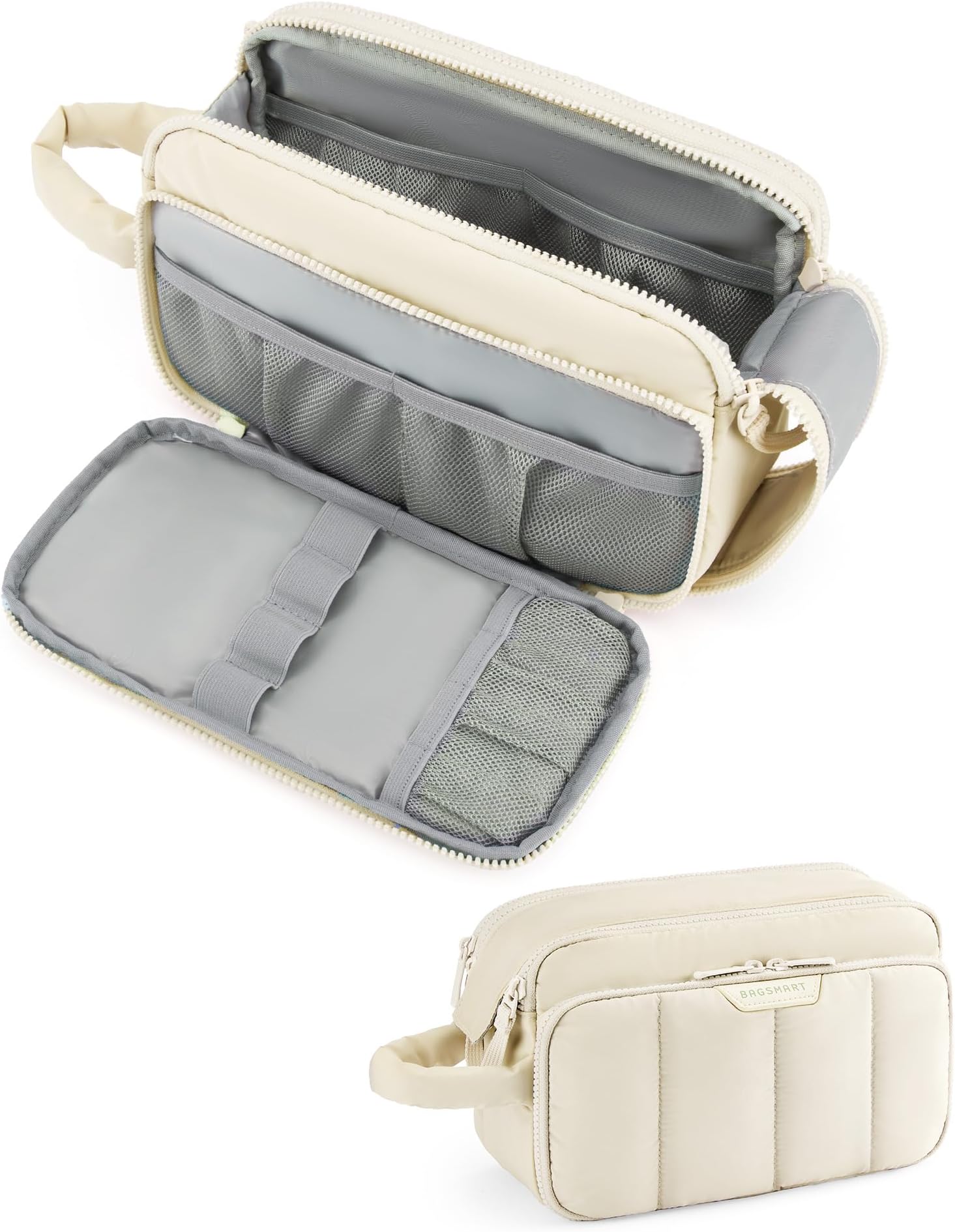 BAGSMART Makeup Bag, Travel Makeup Bag Organizer, Travel Toiletry Bag for Women, Puffy Make Up Bag Cosmetic Bag for Travel Essentials Travel-Size Toiletries Accessories Bottles, Brushes (Beige)