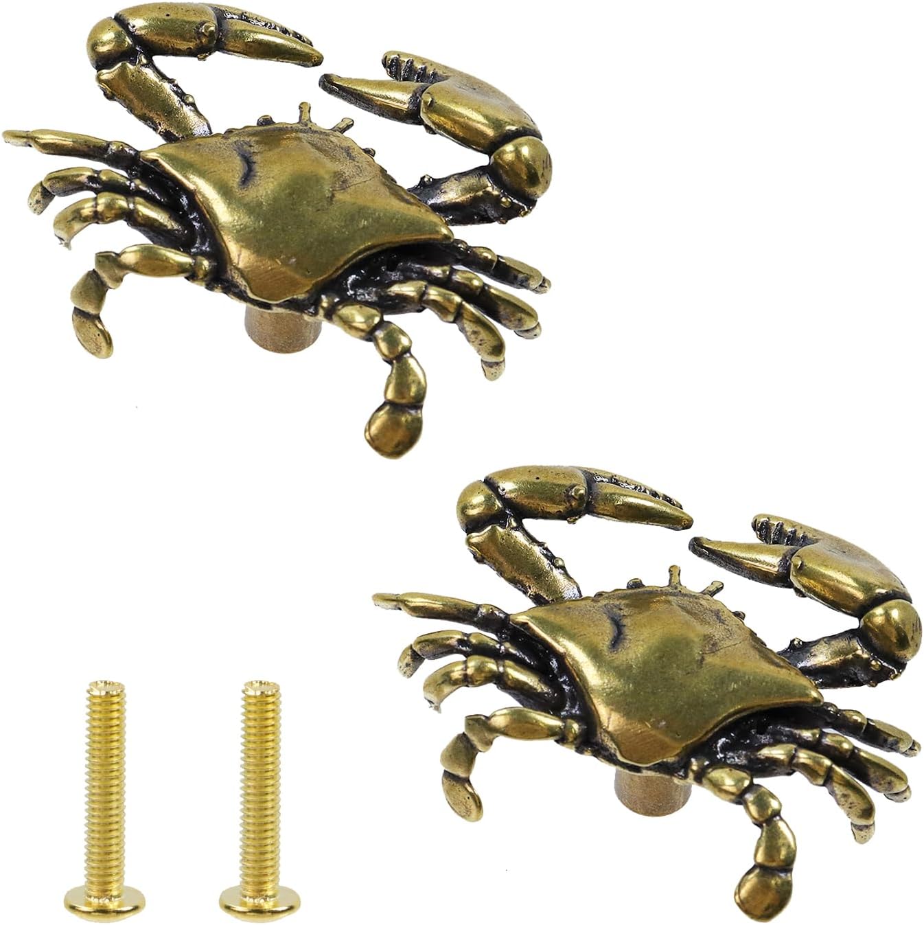 HEVSTIL 2 Pack Crab Shape Cabinet Knob - Retro Marine Style Unique Nautical Drawer Pulls for Coastal Beach Theme Decor, Ocean-Inspired Cabinet Knobs for Living Room, Antique Gold