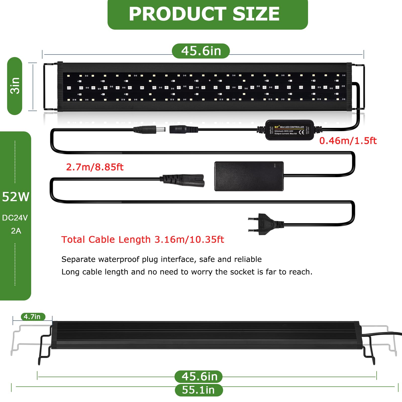 Led Aquarium, 52W RGBW Spectre Complet Lumiere Eclairage, 6500K Fish Tank Lumière Avec Minuterie, 116–140cm Alu Longueur Support Extensible Lampe