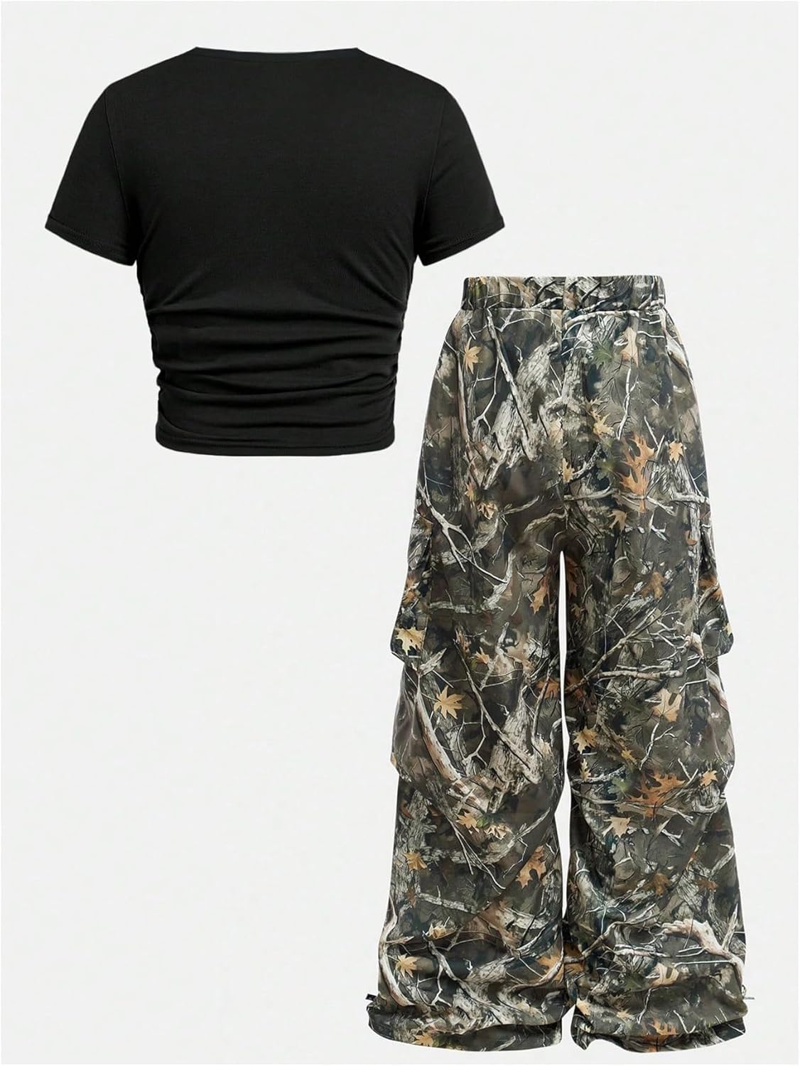 Girl's 2 Piece Summer Outfits Short Sleeve Ruched Basic Tess and Camo Cargo Pants Sets Trendy - Image 2