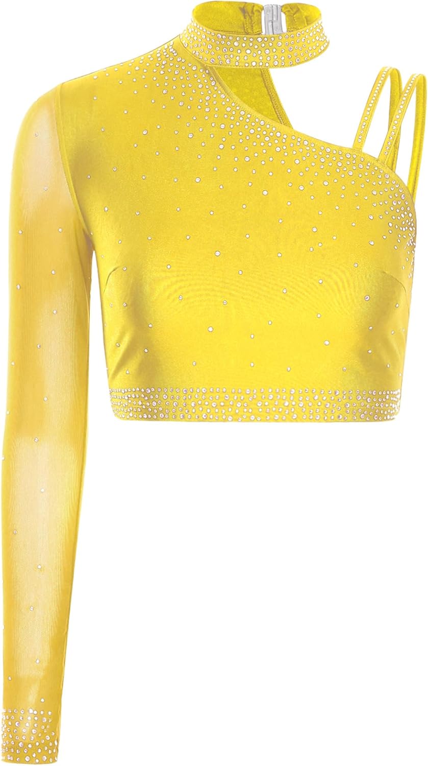 [Manyakai] 女性用のエレガントなダンスウェア シングルの長袖レンガストーン入りクロップトップとスローズレッグパンツ 黄色