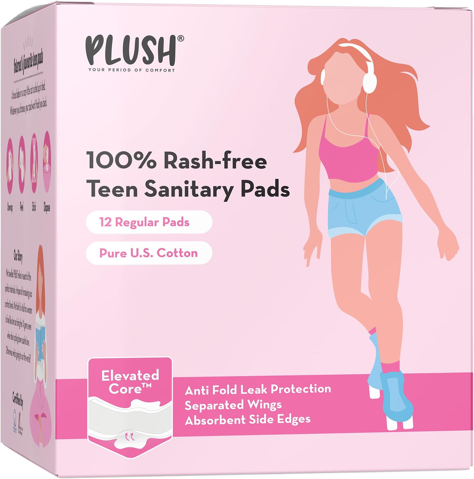 Plush Ultra-Thin Teen Sanitary Pads for Teenage Girls, 12 Pads | Elevated Core™ Technology | Anti-Fold Leak Protection | 240mm Long | 100% Rash-Free | Pure U.S. Cotton Pads | Ideal for All Flow Types