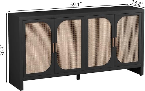 Miniatura 2 de Fiogmub Aparador de ratán con almacenamiento, armario de madera con 4 puertas estantes ajustables, para sala de estar, cocina, comedor, entrada