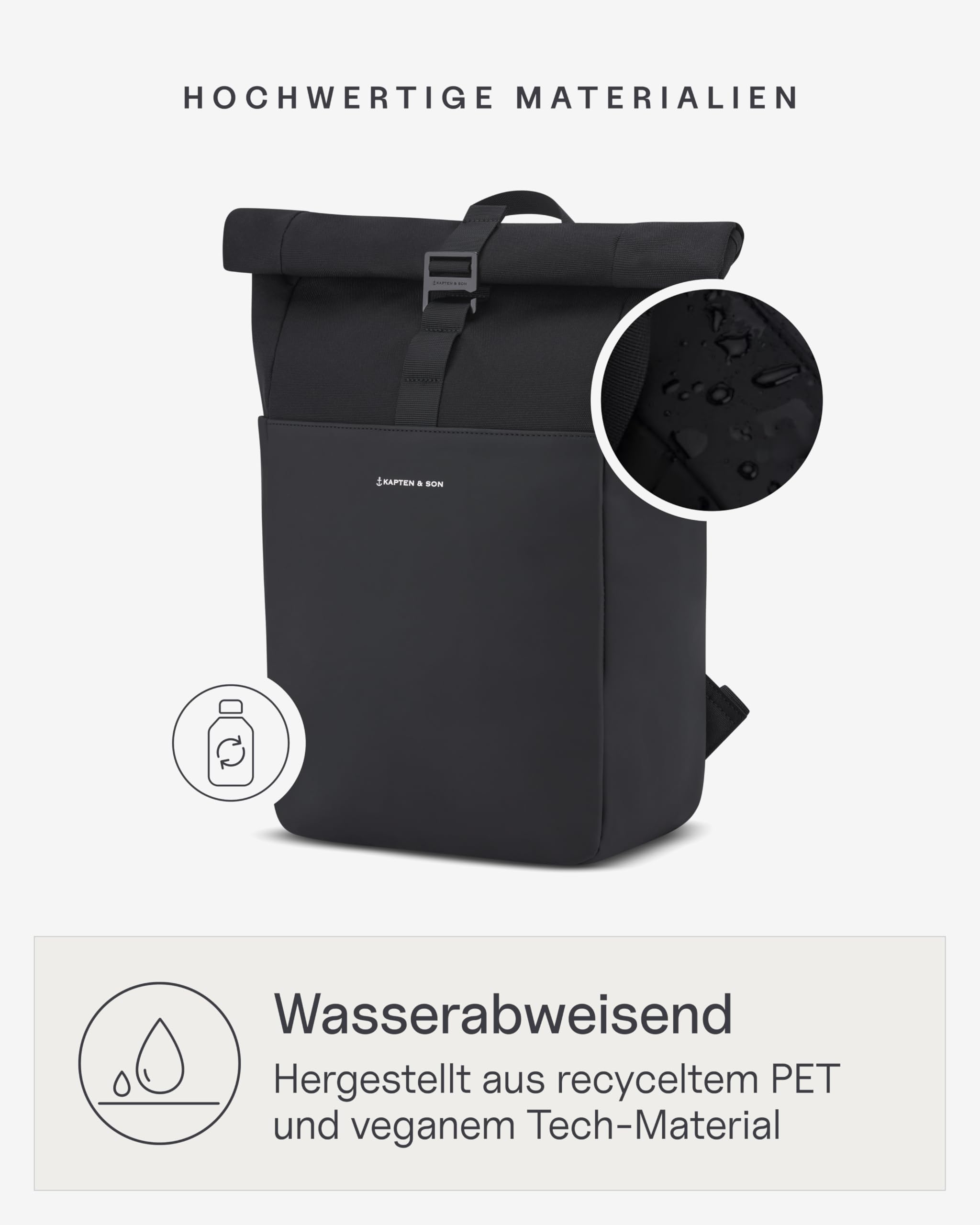 Kapten & Son Rucksack Lund Basic 14-16,5 L | Rolltop Damen & Herren | Handgepäck Rucksack mit 14'' Laptopfach | Vegan & Wasserabweisend