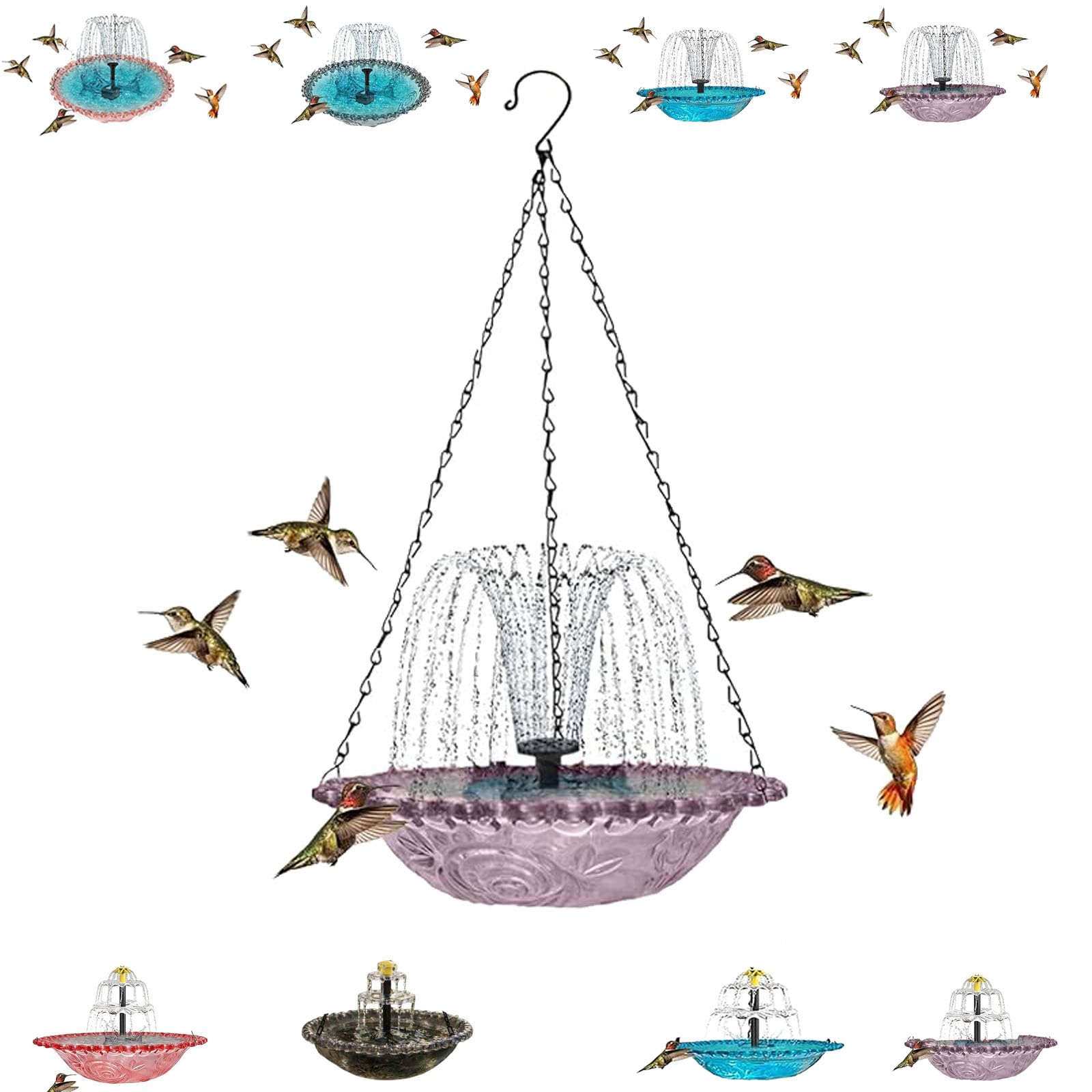 Solar Cascade Hanging Bird Bath Fountain, Outdoor Hanging Bird Bath with Solar Fountain, Hanging Humming Birdbath with Solar Pump, Hanging Water, Attracts Hummingbirds & Wild Birds (Purple,A)