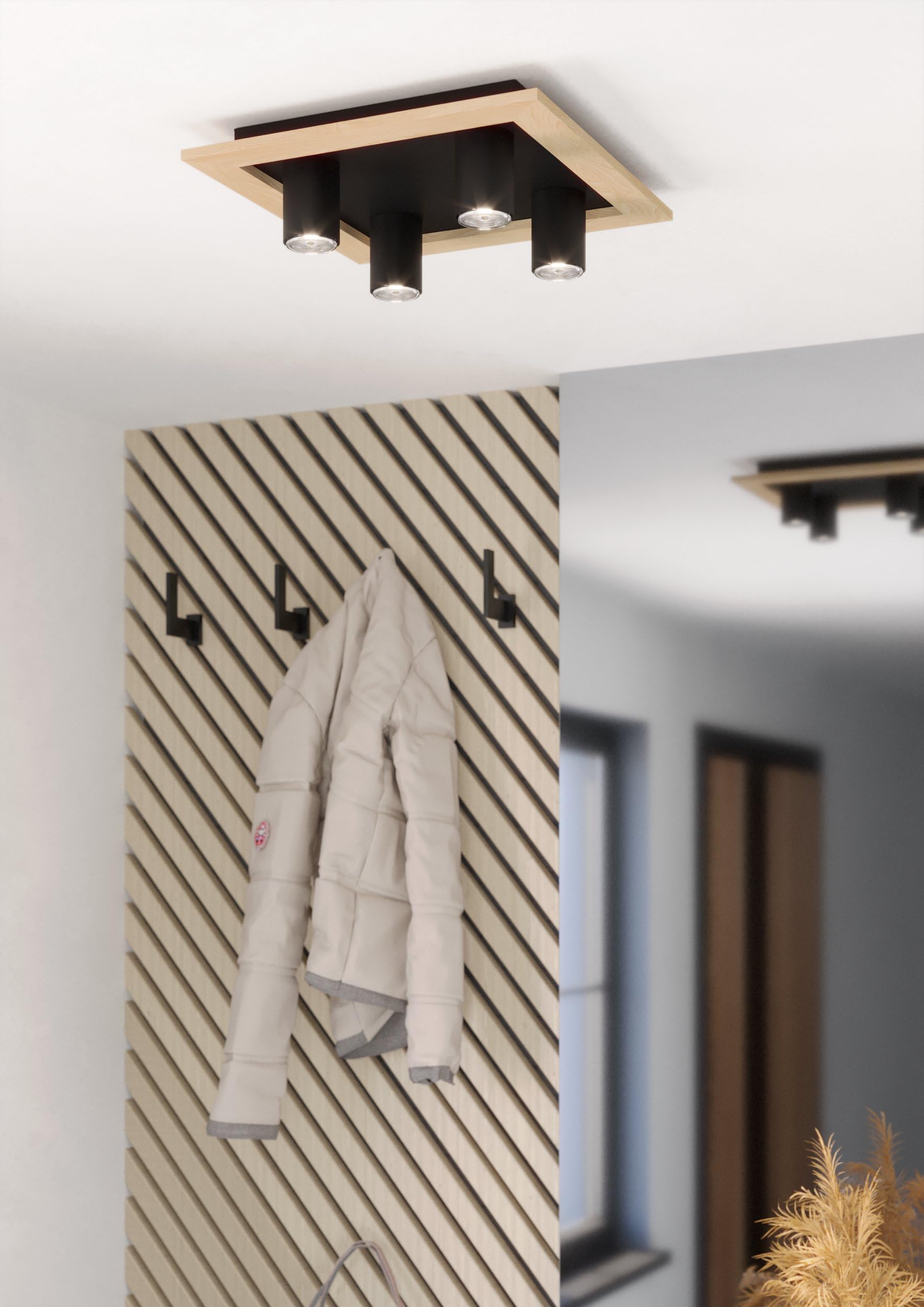 Eglo Luminaire plafonnier LED Valcasotto à 4 spots, lampe de plafond pour | salon et couloir, FSC100HB, éclairage en bois et métal noir et blanc, avec ampoules GU10, blanc chaud
