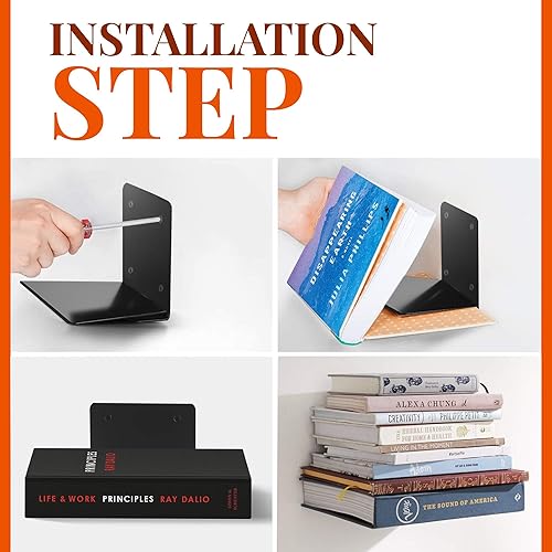 Miniatura 6 de CRIZTA Juego de 2 estanterías flotantes invisibles, organizador de libros montado en la pared, soporte de estantes de metal para libros, tamaño