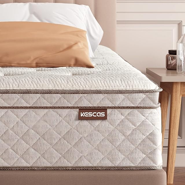 KESCAS 4FT6 Memory Foam Hybrid 27cm Double Mattress, Knitted Fabric Cover with Linen, Heavier Coils for Durable Support, Pocket Sprung for Motion Isolation, Medium Firm - Made in Century-Old Factory