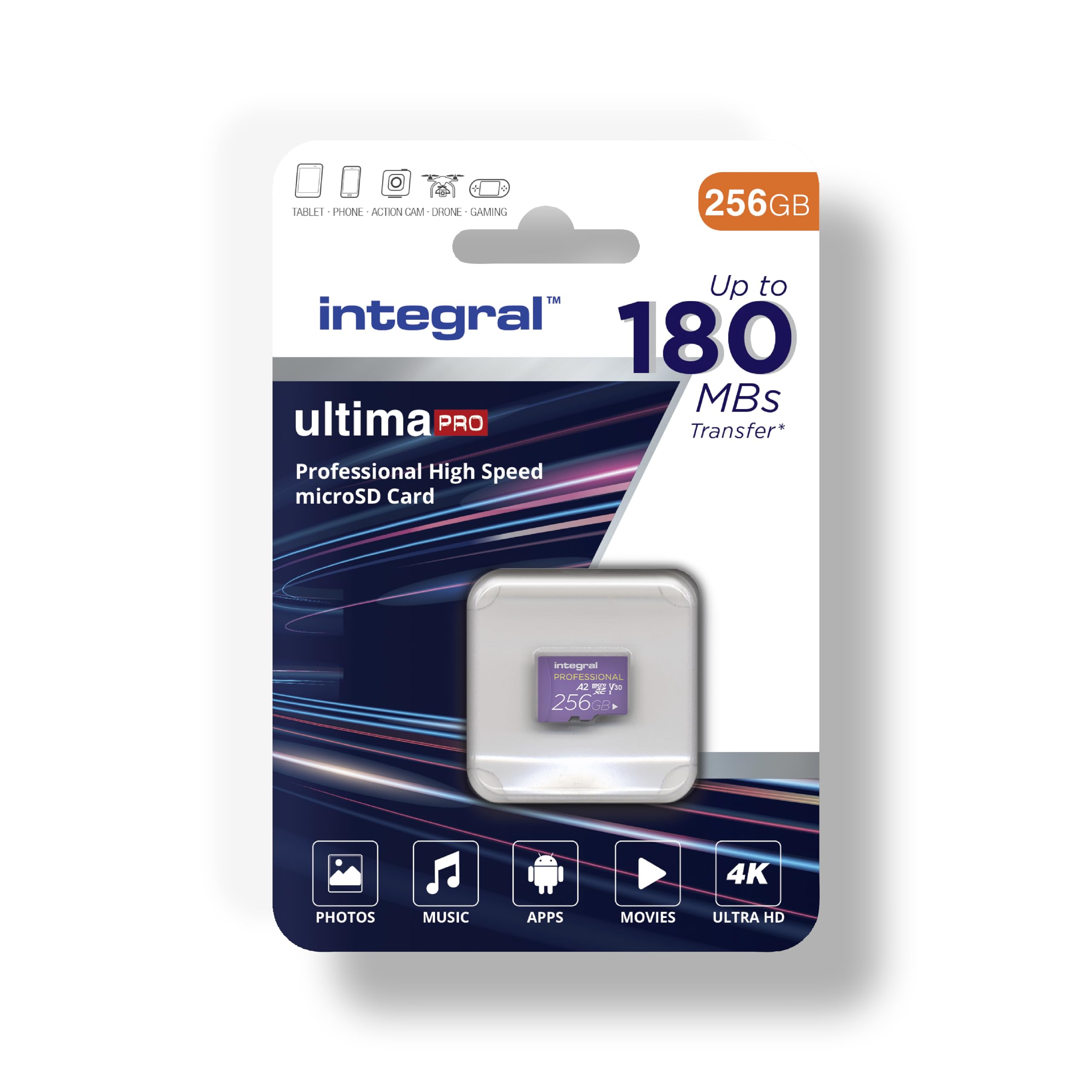 Integral 256GB Carte Micro SD 4K Vidéo Vitesse de Lecture 180MB/s et Vitesse d'Ecriture 150MB/s MicroSDXC A2 C10 U3 UHS-I 180-V30 Notre Carte Mémoire Micro SD Haute Vitesse la Plus Rapide