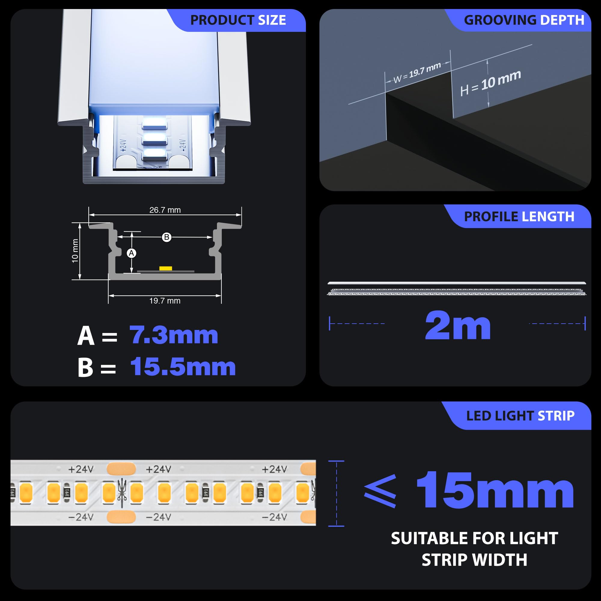 20 Profile Alu pour Ruban LED 2 m Rail de diffuseur de lumière Profile LED Encastrable Dimensions19,7 x 10 mm Convient à tous les rubans jusqu’à 15,5 mm, Avec couvercle en PC blanc laiteux