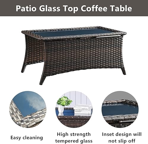 Miniatura 4 de Belord Mesa de centro para exteriores con parte superior de vidrio templado, mimbre marrón rectangular, mesa de centro de ratán tejida a mano