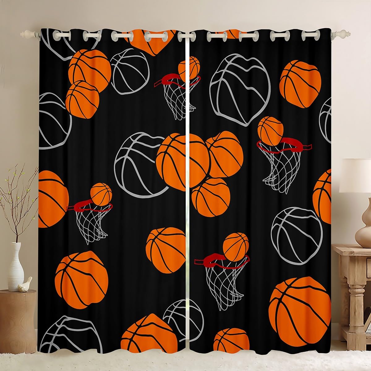 Feelyou Kids Basketball Curtains for Living Room (2 Panels, 52 x 90 Inch) Sports Theme Darkening Drapes for Boys Girls Cartoon Ball Game 30%-50% Blackout Curtains Women Men Window Treatments