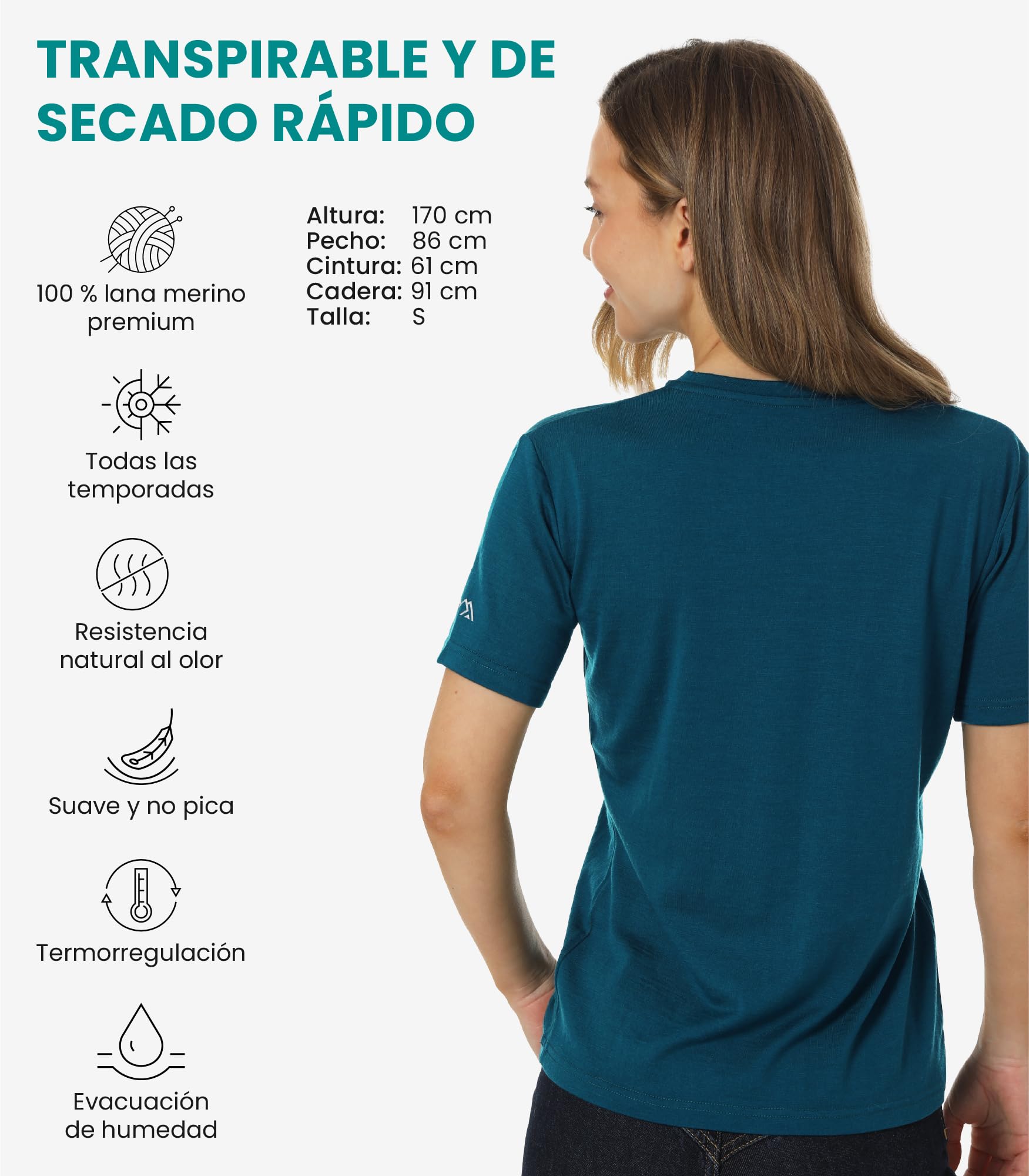 Camiseta Manga Corta Lana Merino Mujer - 100% Lana Merino + Calcetines (Small, V Azul Verde Intenso)