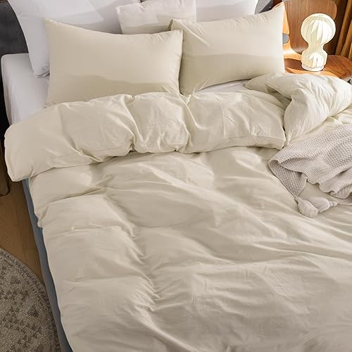 Miniatura 5 de NEXHOME PRO Juego de funda de edredón 100% algodón lavado, tamaño matrimonial, textura de lino orgánico natural, juego de ropa de cama de 3 piezas