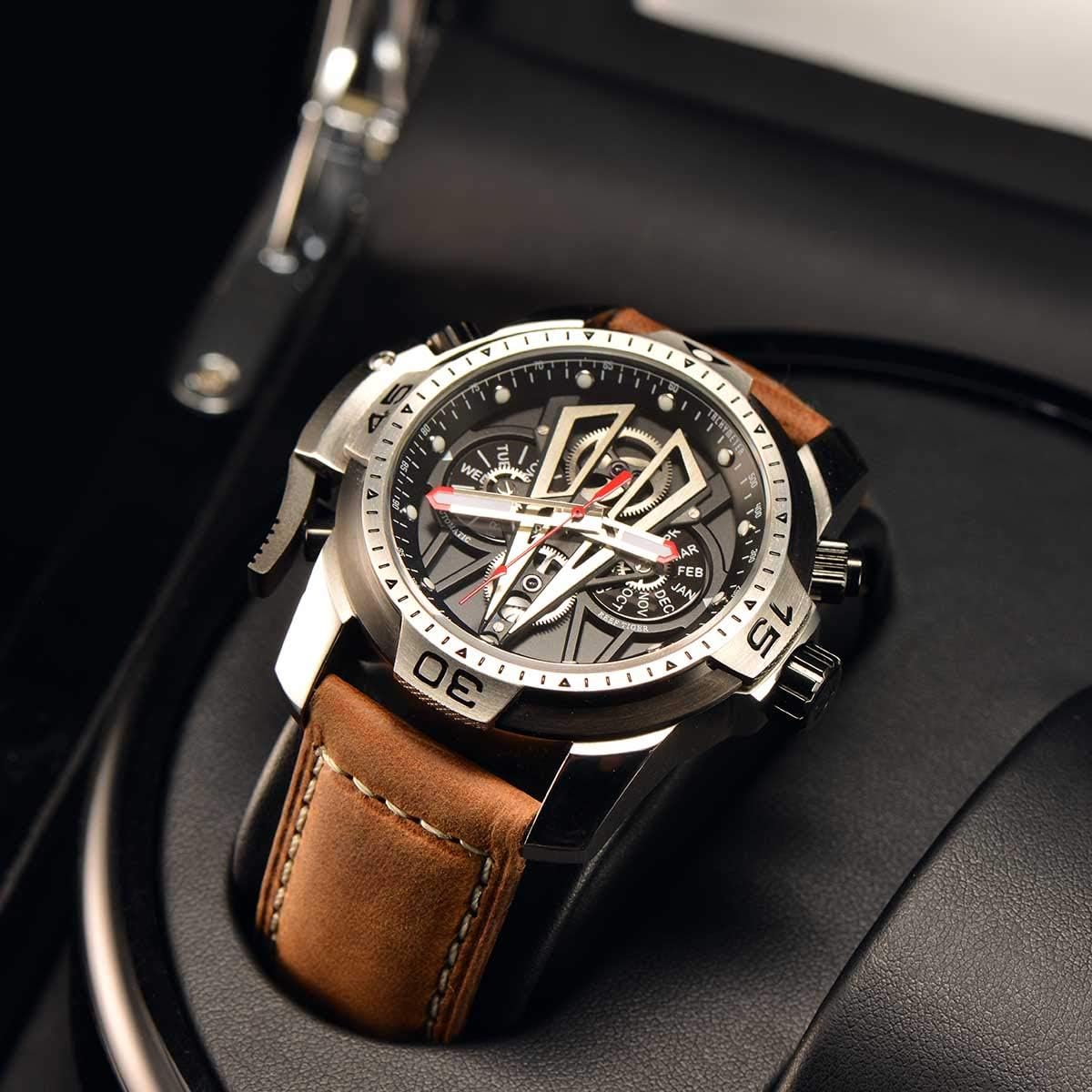 REEF TIGER Mens Sport Mechanical Watches with Steel Black Dial Automatic Watch Calfskin Leather Strap RGA3591 RGA3591-YBC