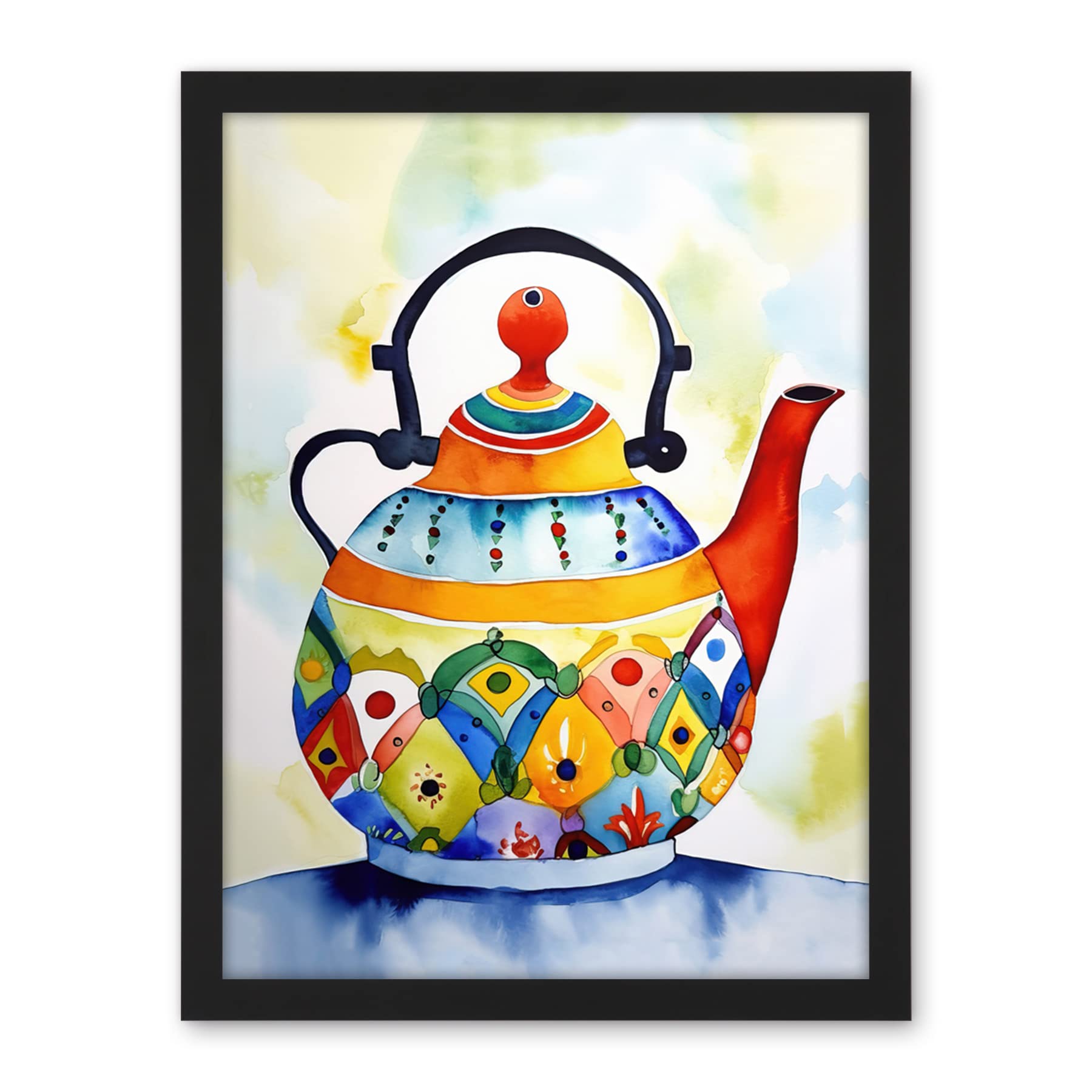 Artery8 Enamelled Patterned Teapot Tea Kettle Folk Art Watercolour Painting Artwork Framed Wall Art Print 18X24 Inch