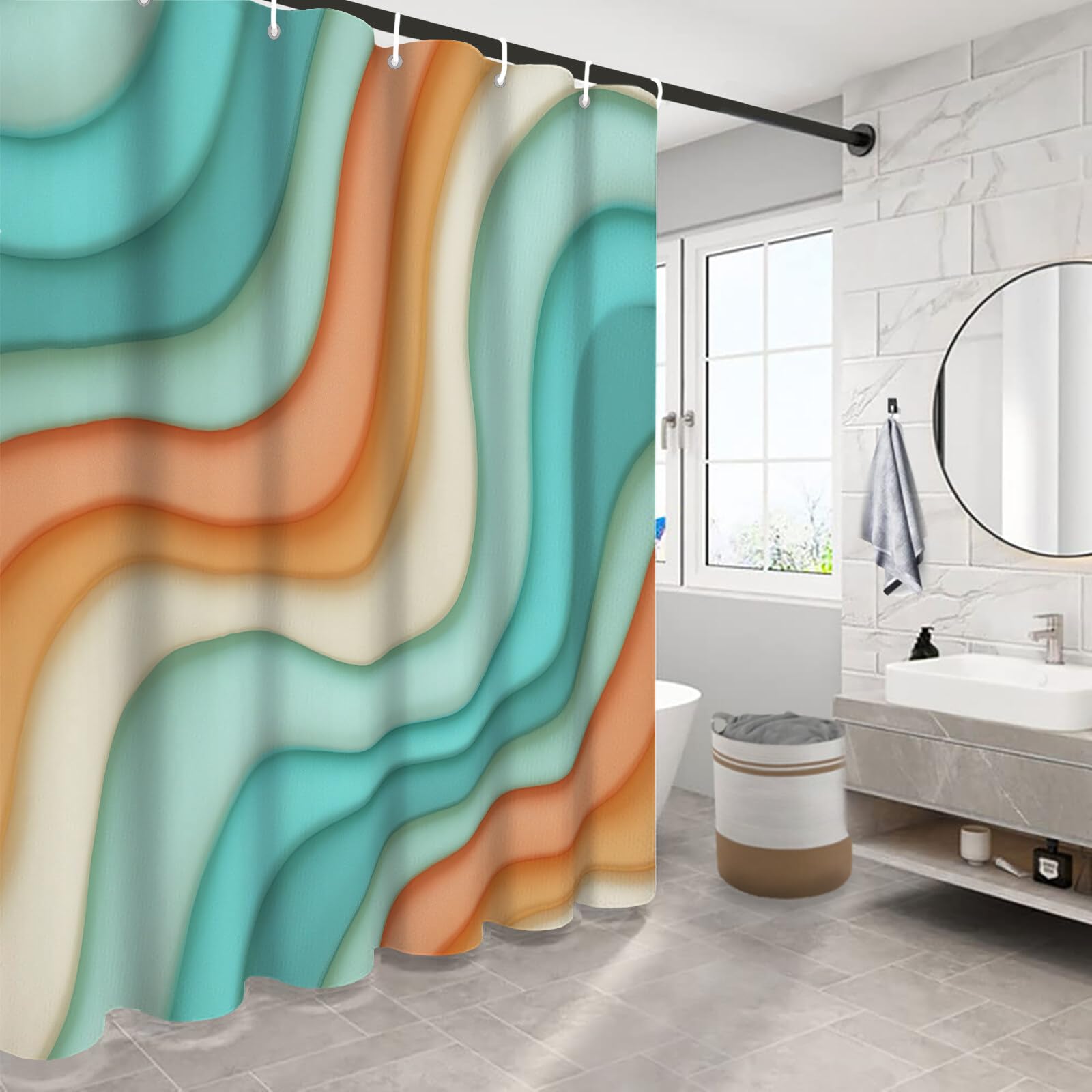 Rideau Douche, Rideau Baignoire Lavable en Machine Rideaux Douche Tissus Lavable Rideau De Baignoire Lavable pour Salle De Bain Domicile Baignoire Famille, Rayures Ondulées,