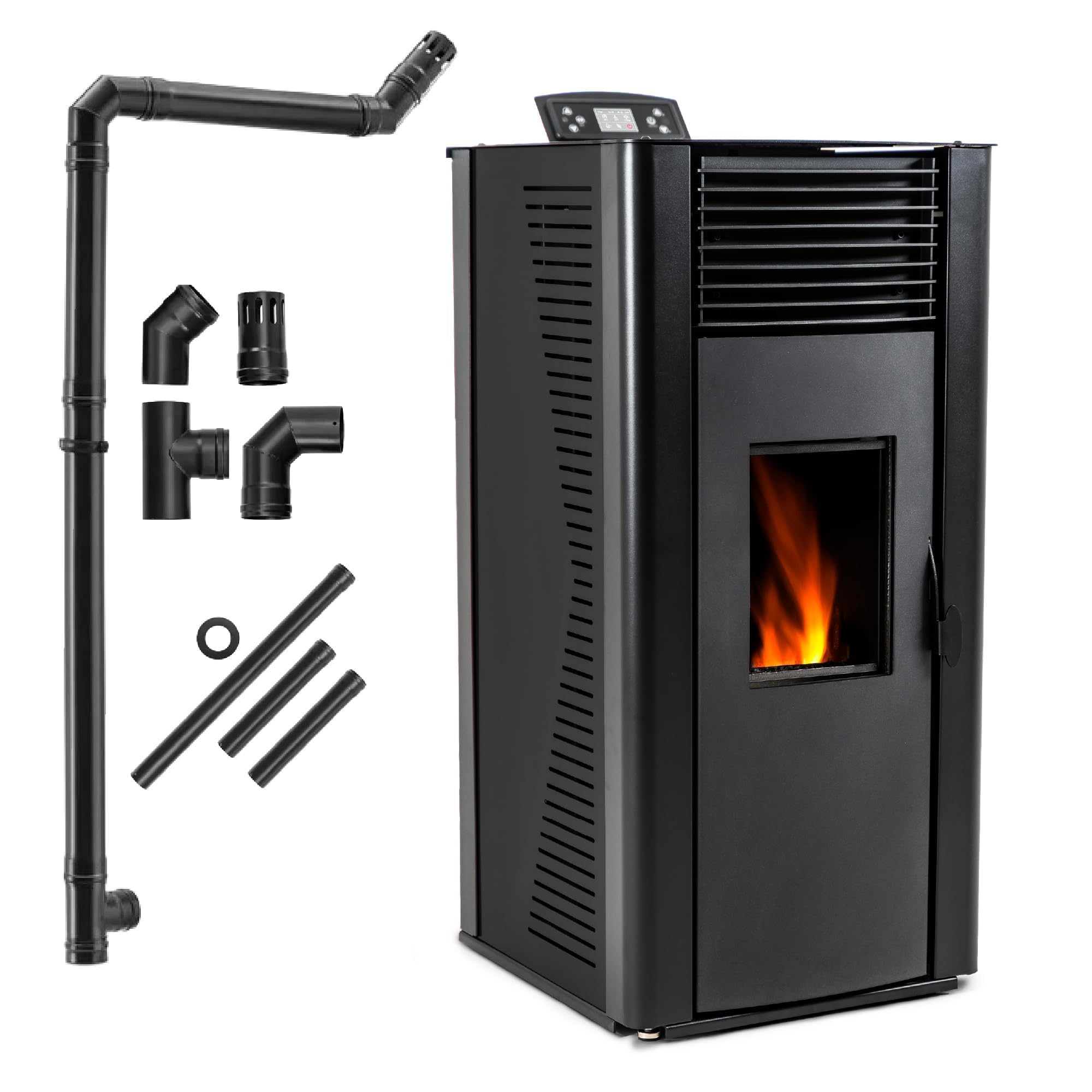 THUNDER Vayne Estufa de pellets 12 kW con intercambiador de Agua, Control WLAN, alimentación automática de pellets, A+, Negro o Rojo. (Vayne Negro 12KW)