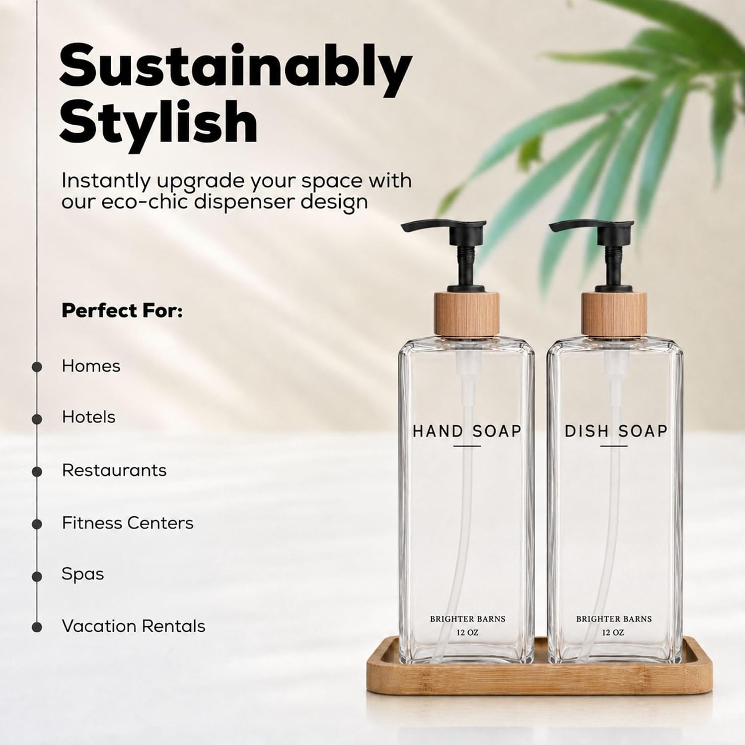 Clear Glass Hand and Dish Soap Dispenser Set by Brighter Barns - 12oz Liquid Hand Soap Dispenser for Kitchen Sink - Modern Kitchen Decor, Minimalist Decor for Neutral Home, Restaurants, Gifts (Clear)