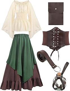 Women Medieval Renaissance Dress Costume Halloween Blouse Top Skirt Pouch Corset Belt Bottle - Buy now