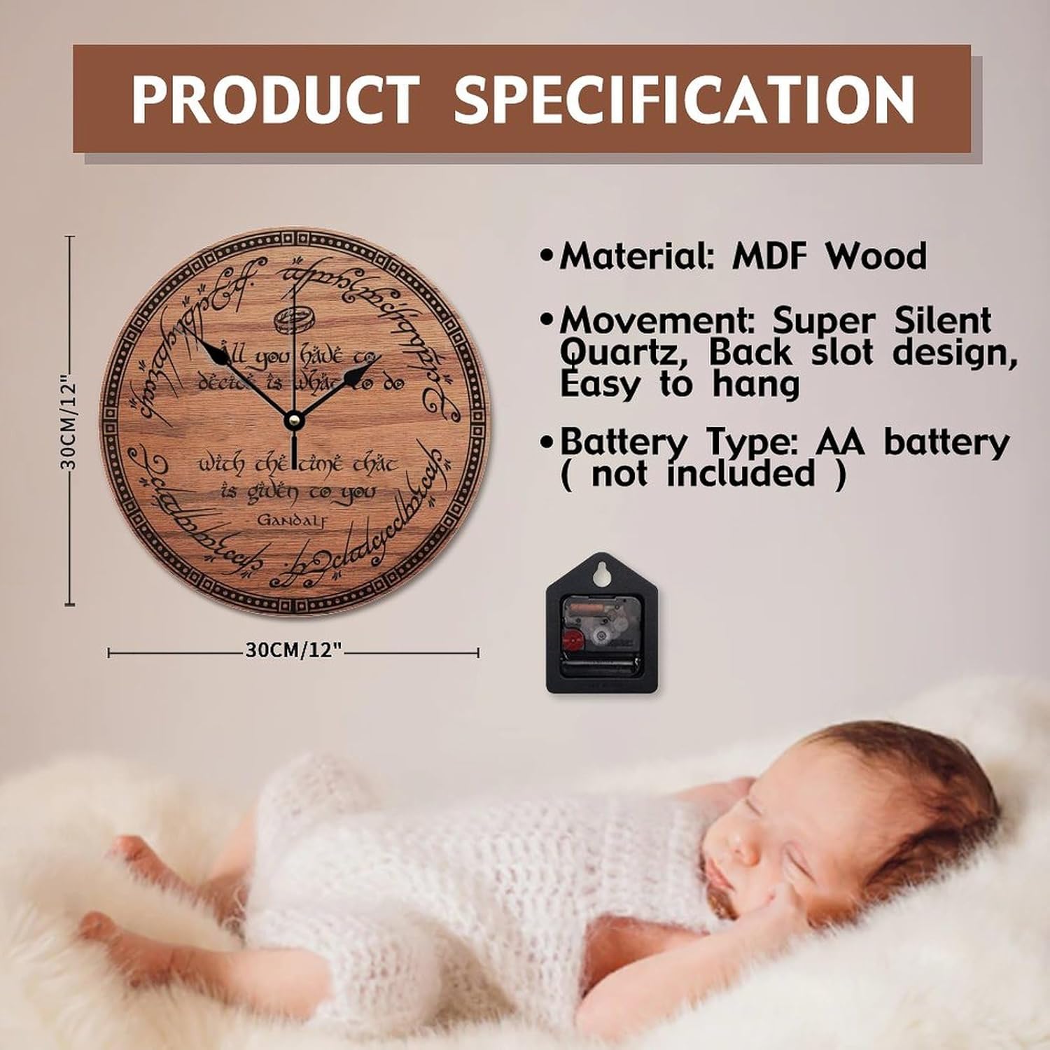 ArogGeld Lord Tree Life Wall Clock Rings Large Wall Clocks Battery Operated 12 Inch Non-Ticking Retired Wall Decor Home Decor for Bedroom Living Room Kitchen School Office