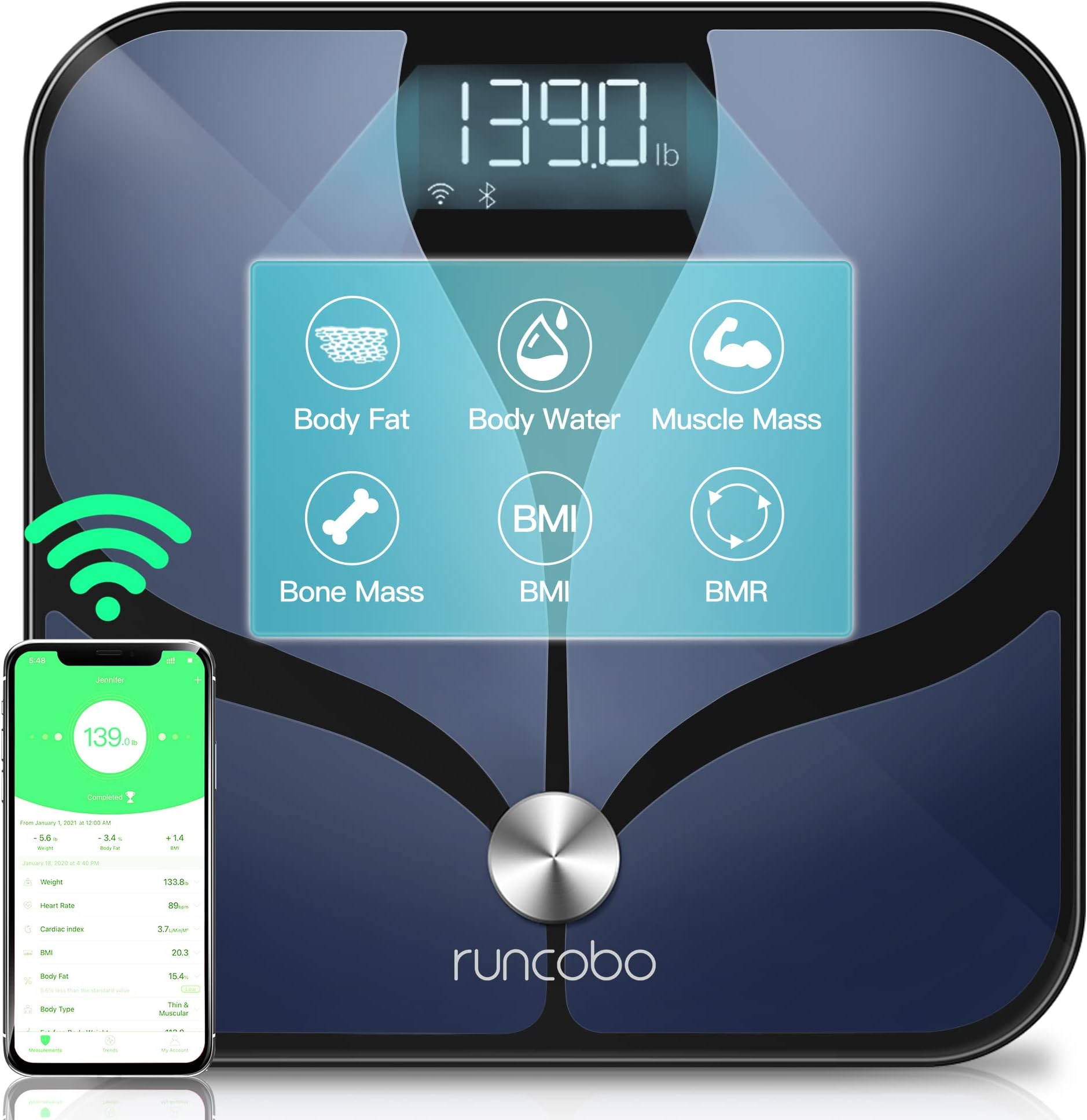 Digital Scale, Runcobo Wi-Fi Bluetooth Auto, Switch Smart Scale Digital Weight, Premium Body Fat Scale for Weight, 14 Body Composition Monitor, Support Multiple Users, Auto-Recognition